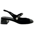 Load image into Gallery viewer, Miu Miu Black Velvet and Patent Leather Slingback Pumps With Silver Chain and Pearl Detail
