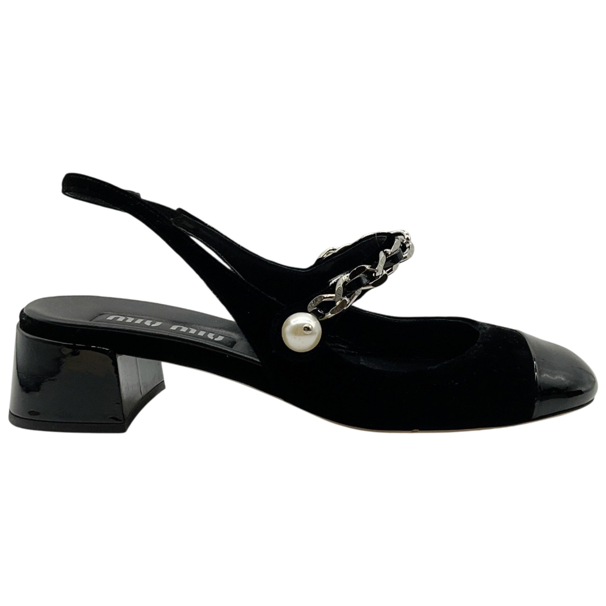 Miu Miu Black Velvet and Patent Leather Slingback Pumps With Silver Chain and Pearl Detail