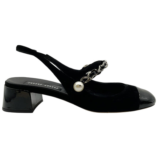 Miu Miu Black Velvet and Patent Leather Slingback Pumps With Silver Chain and Pearl Detail