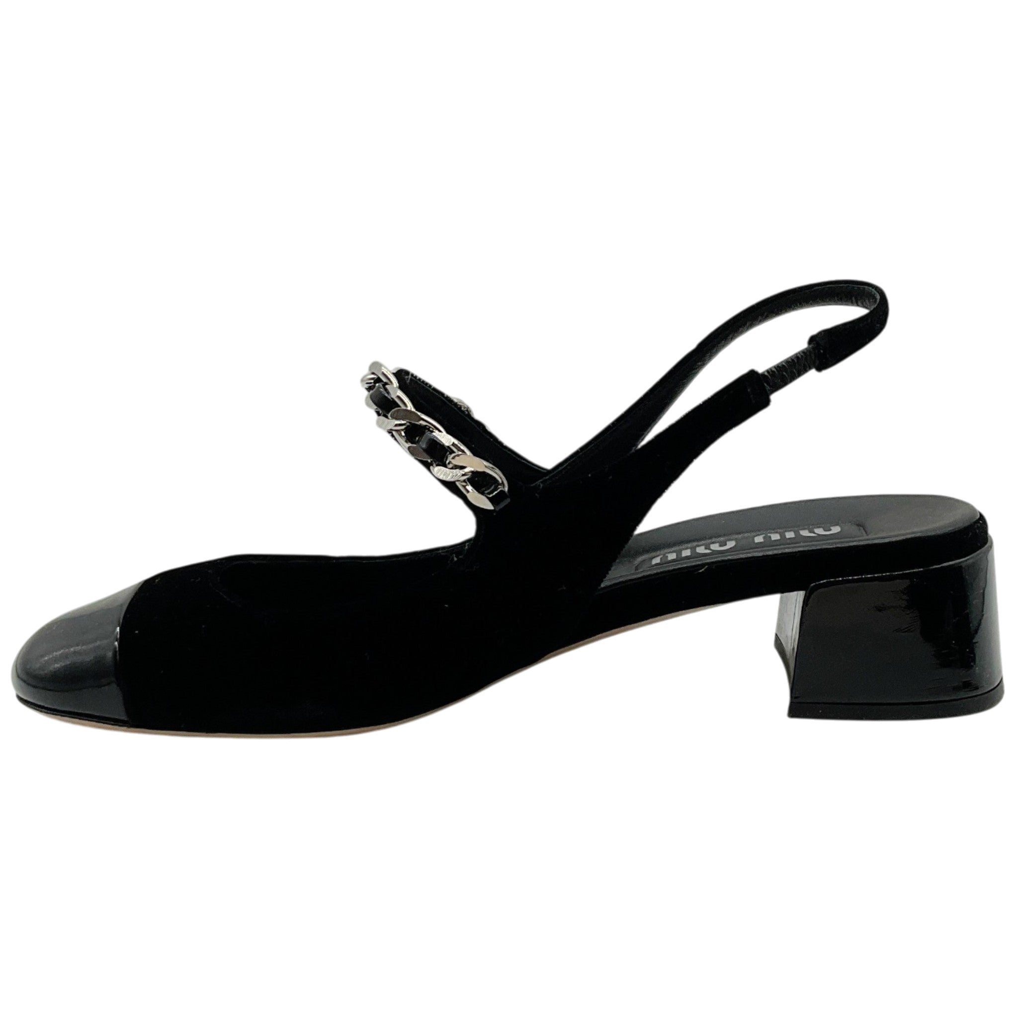 Miu Miu Black Velvet and Patent Leather Slingback Pumps With Silver Chain and Pearl Detail