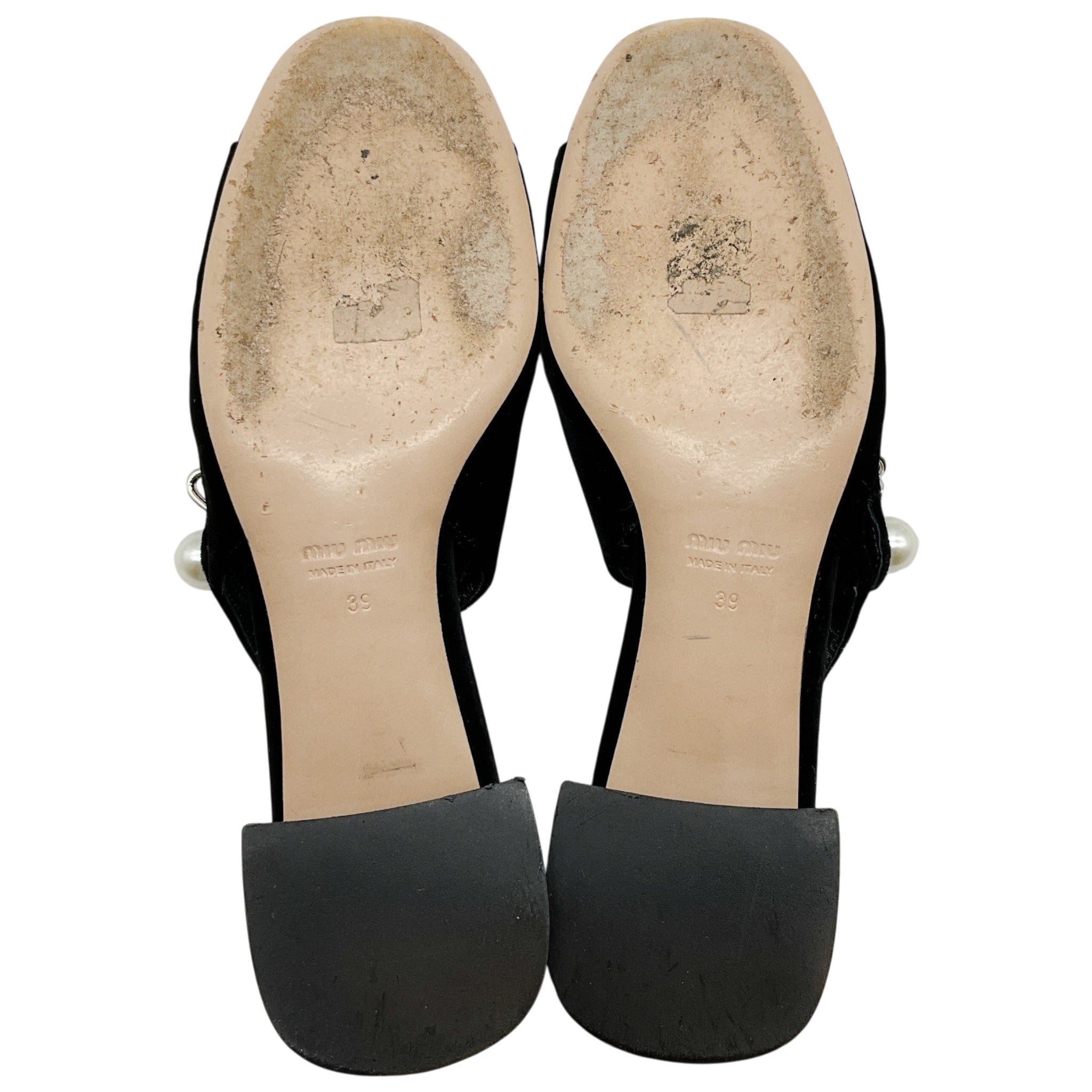 Miu Miu Black Velvet and Patent Leather Slingback Pumps With Silver Chain and Pearl Detail