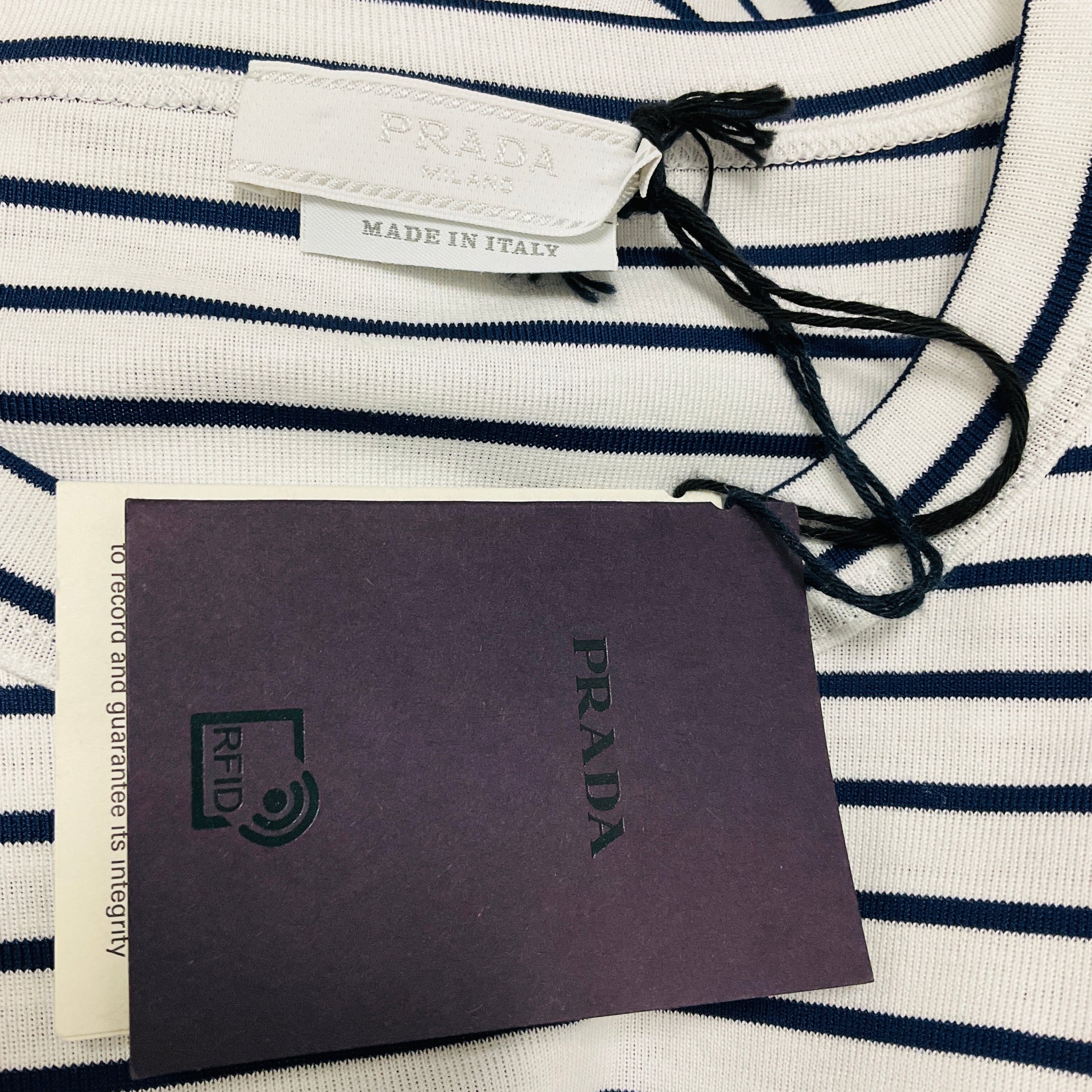 Prada White / Navy Triangle Logo Plaque Striped Cotton T-Shirt Top