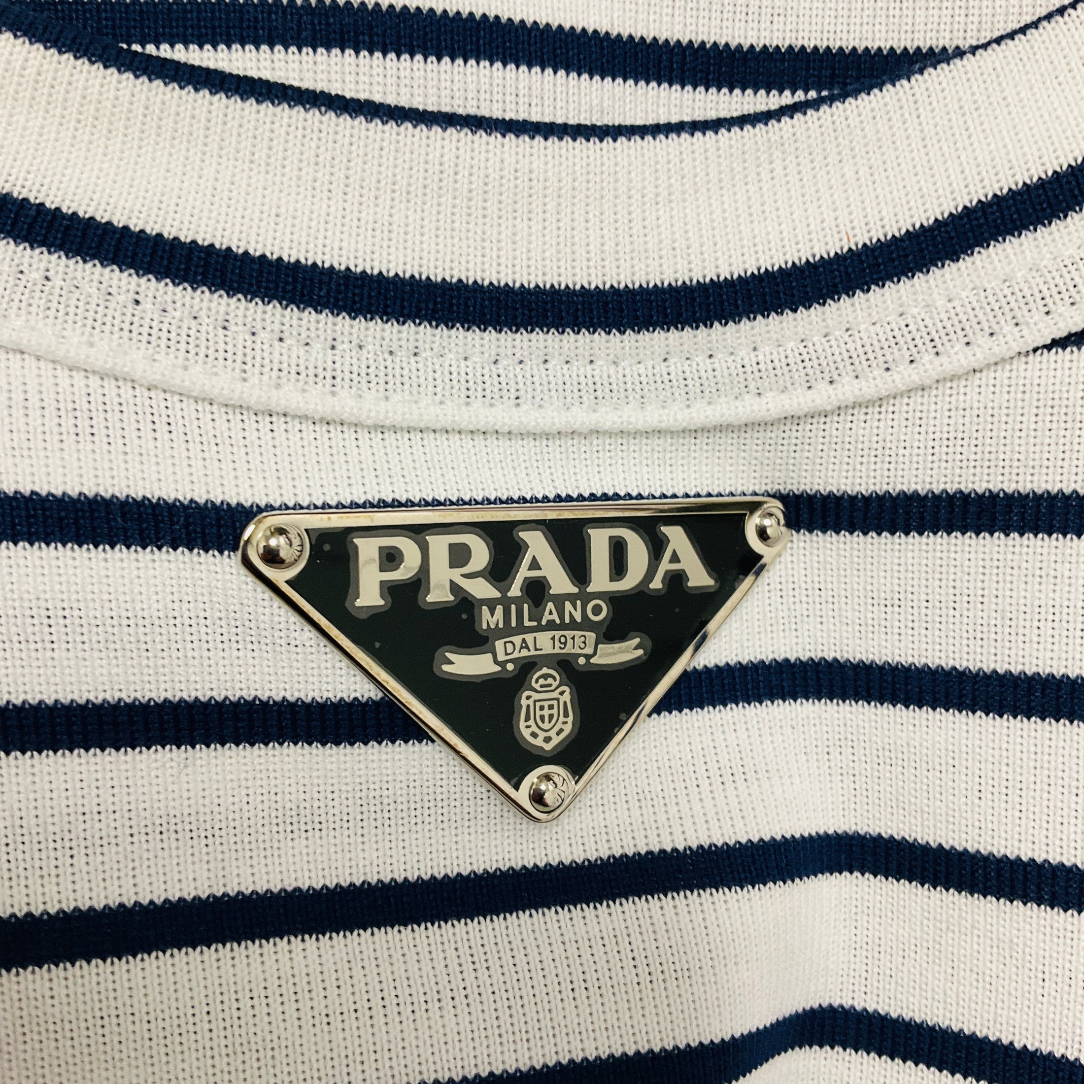 Prada White / Navy Triangle Logo Plaque Striped Cotton T-Shirt Top