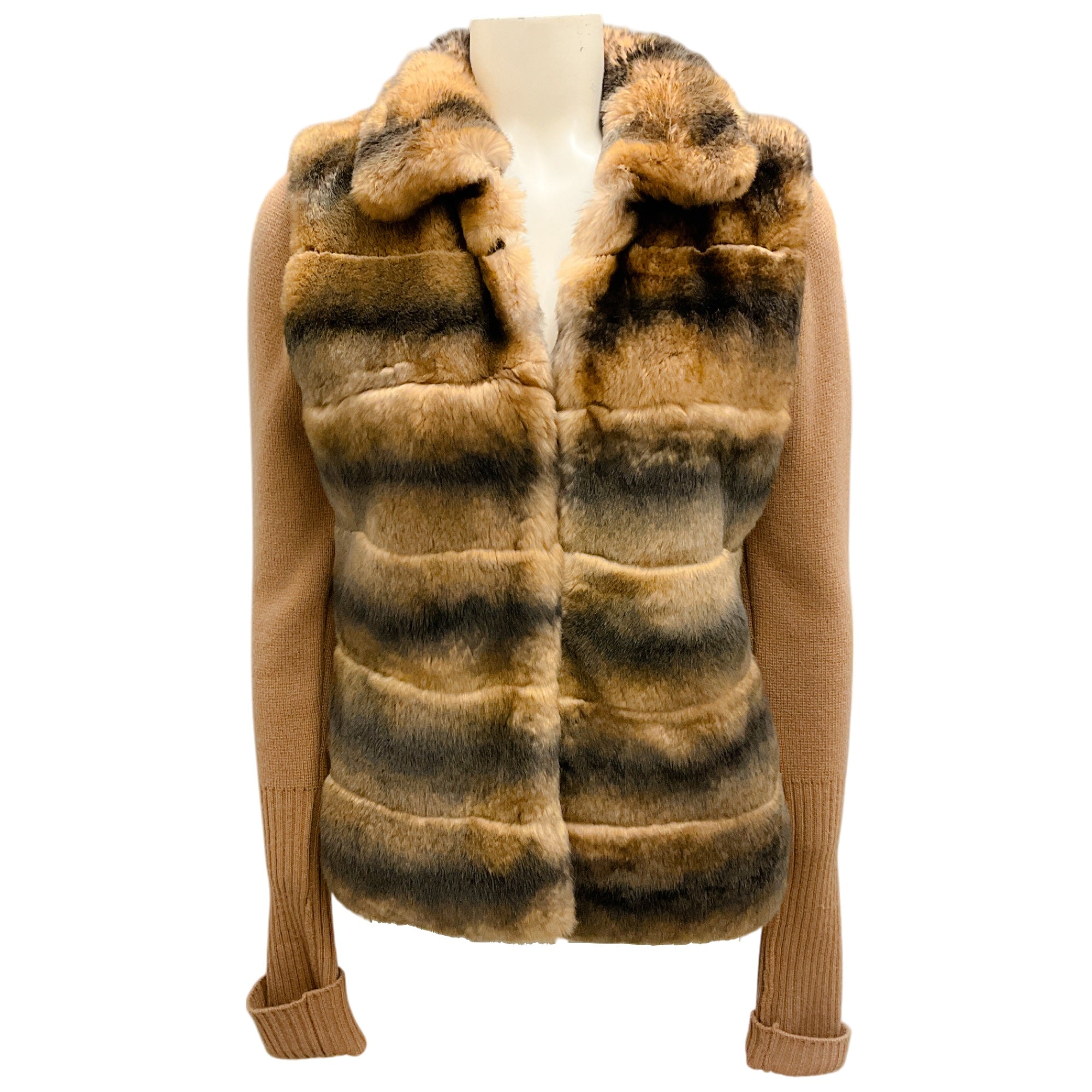 Vicedomini Tan Fur and Cashmere Knit Sweater Jacket