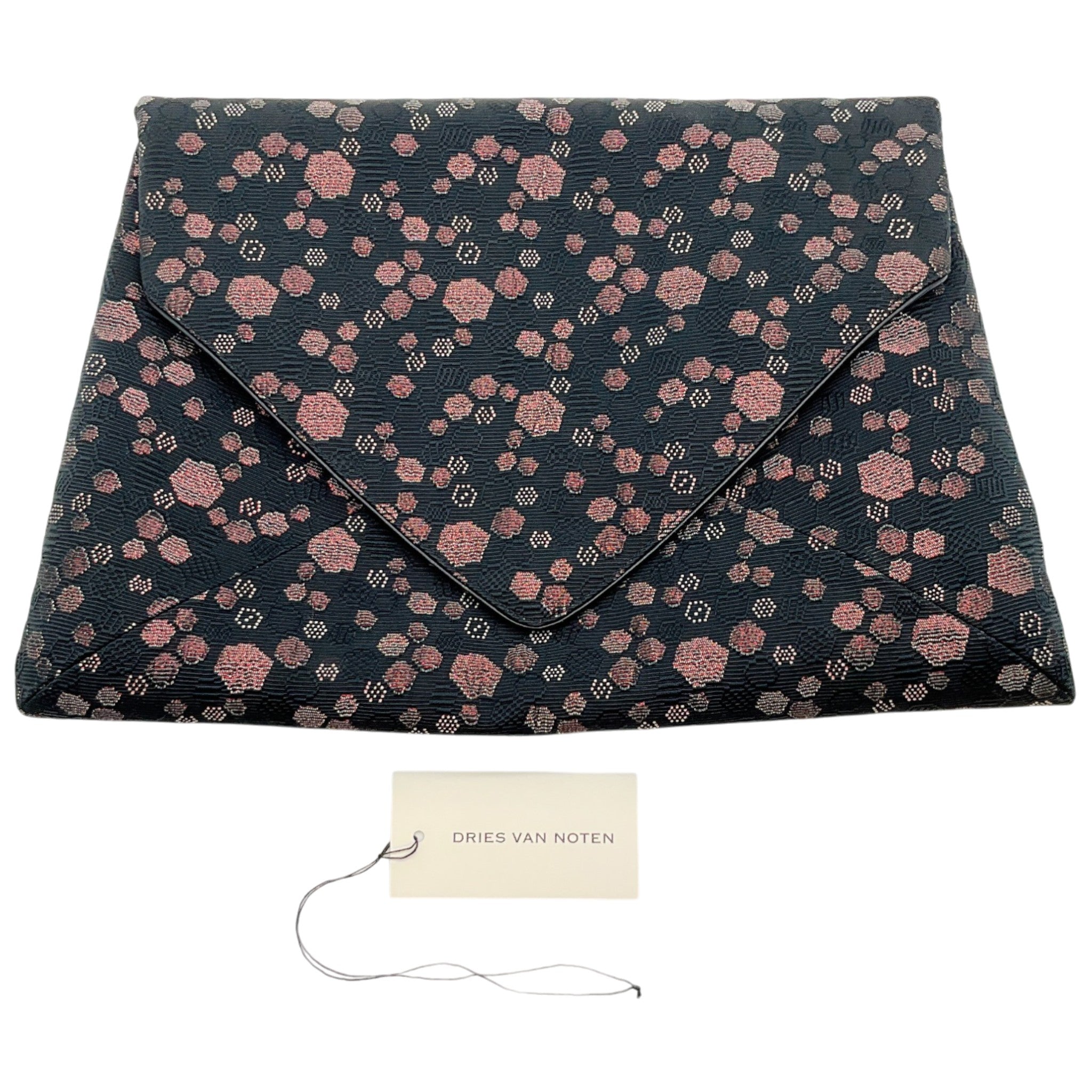 Dries Van Noten Black / Pink Leather Trimmed Jacquard Envelope Clutch