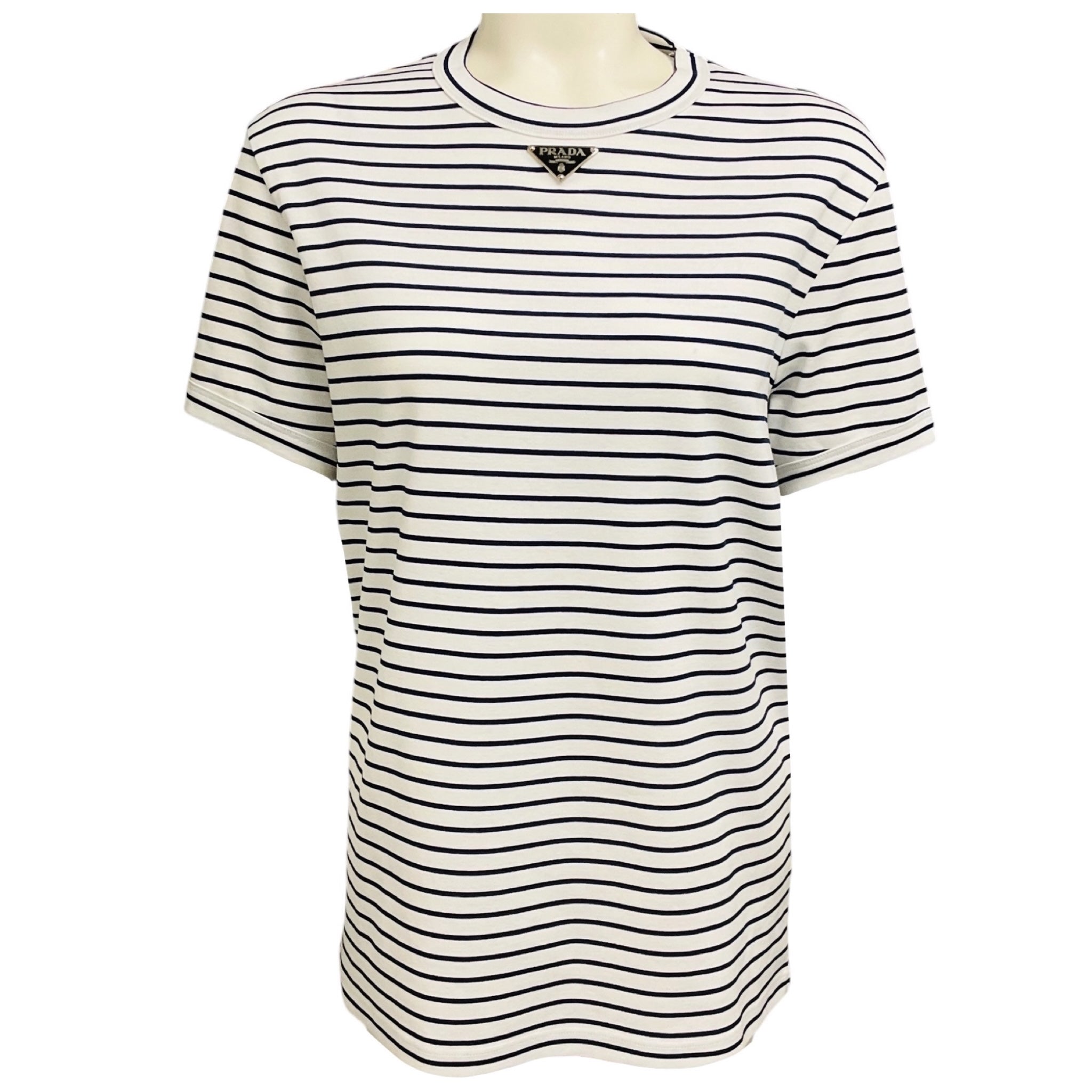 Prada White / Navy Triangle Logo Plaque Striped Cotton T-Shirt Top