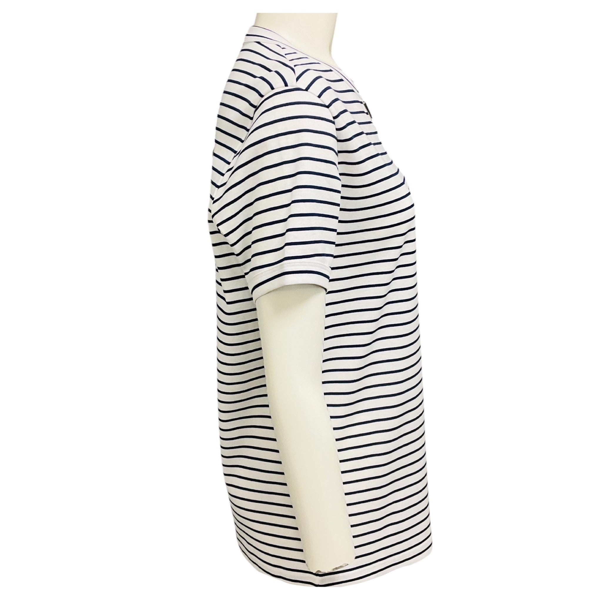 Prada White / Navy Triangle Logo Plaque Striped Cotton T-Shirt Top