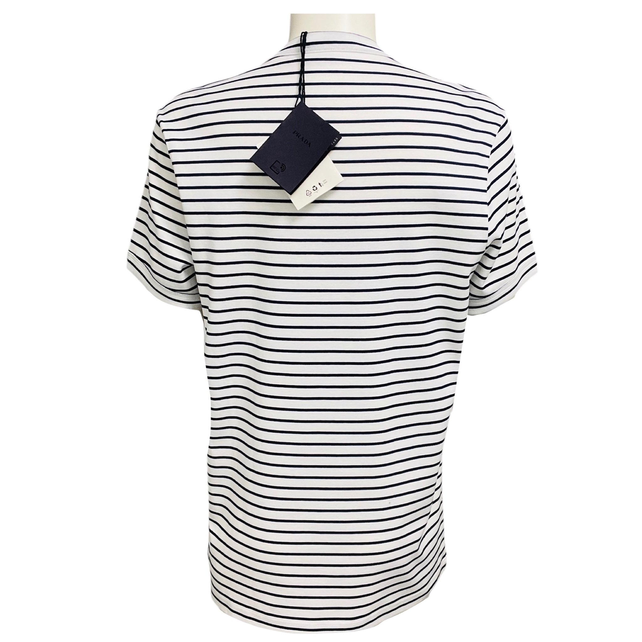 Prada White / Navy Triangle Logo Plaque Striped Cotton T-Shirt Top