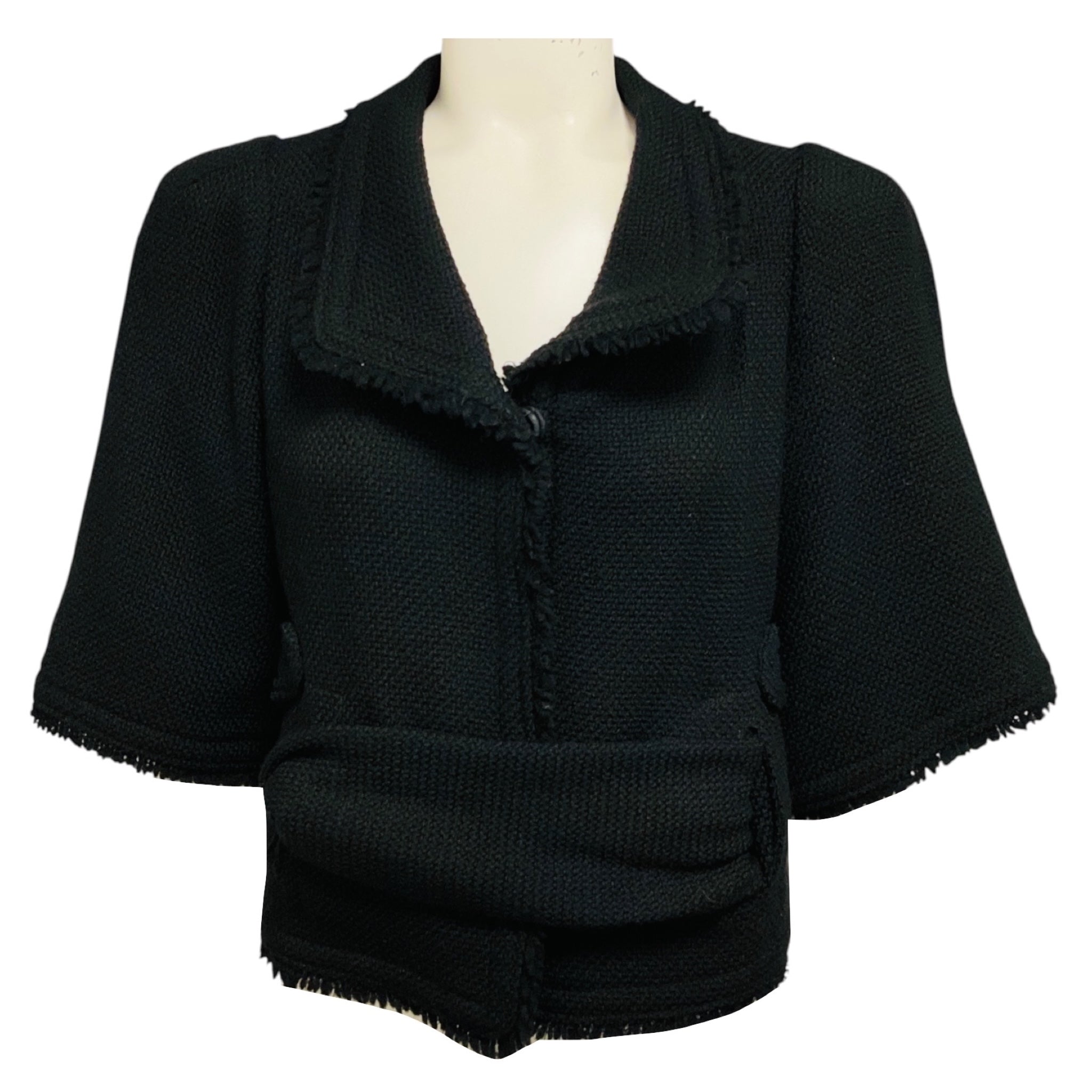 Veronique Leroy Black Fringed Wool Tweed Jacket