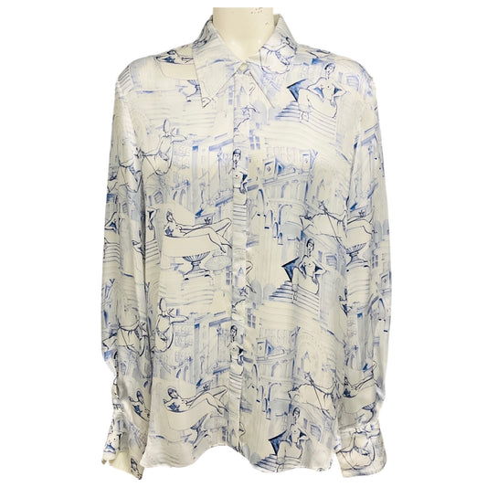 Khaite Cream / Blue Minta Graphic Print Button Front Satin Blouse