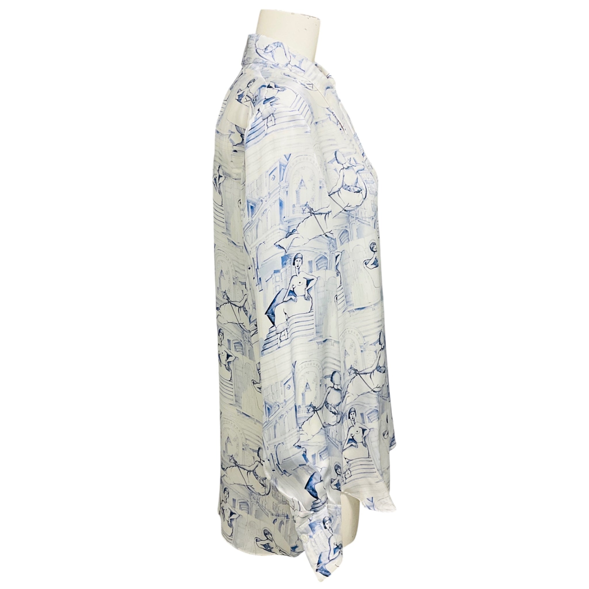 Khaite Cream / Blue Minta Graphic Print Button Front Satin Blouse