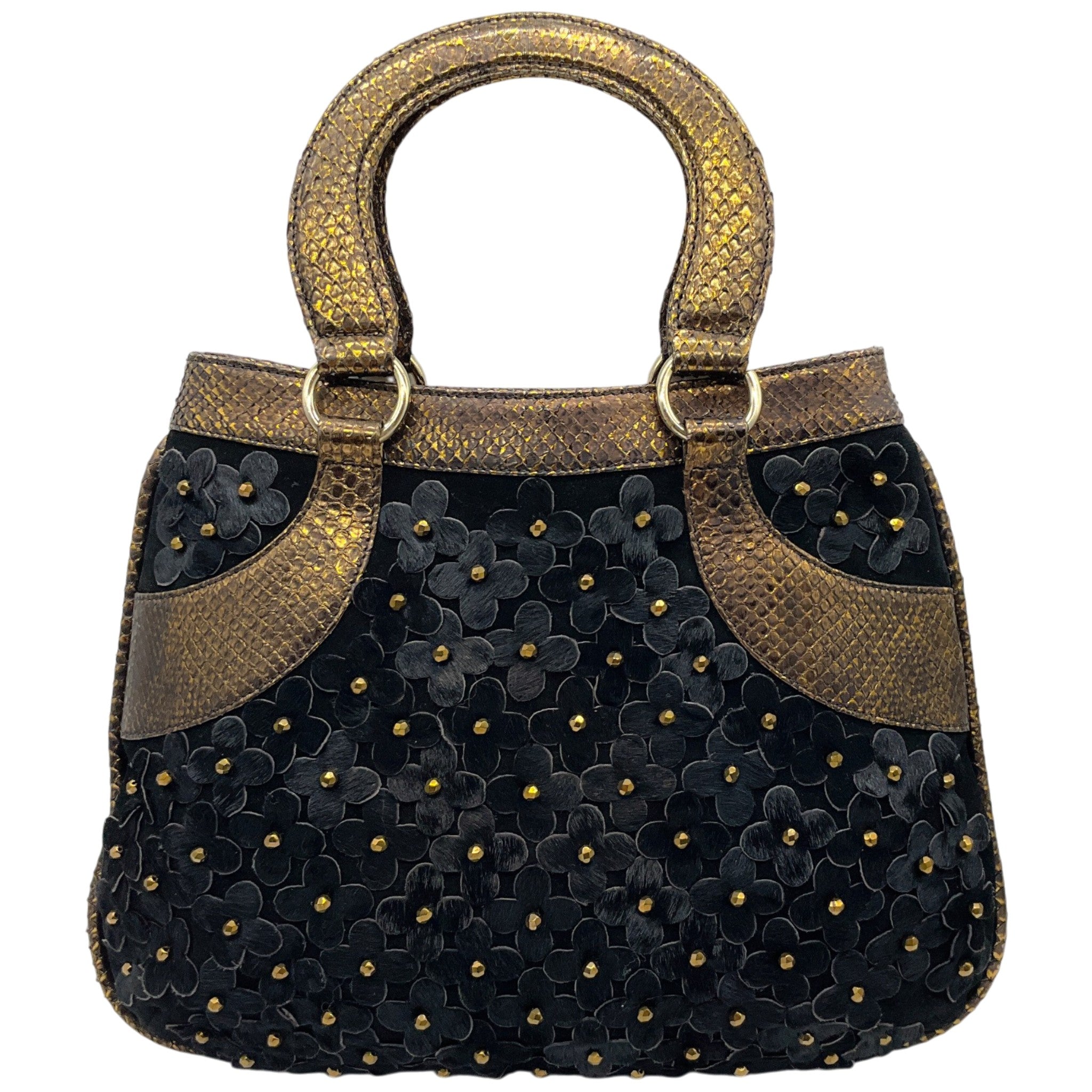 Oscar de la Renta Black Haircalf Flower Satchel with Bronze Python Handles

