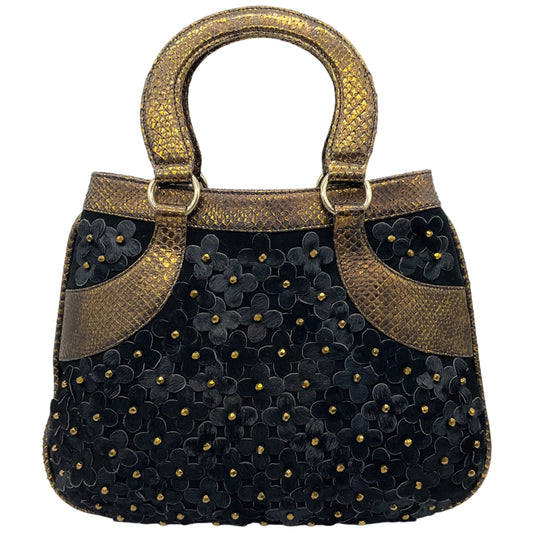 Oscar de la Renta Black Haircalf Flower Satchel with Bronze Python Handles

