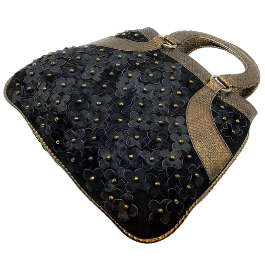 Oscar de la Renta Black Haircalf Flower Satchel with Bronze Python Handles