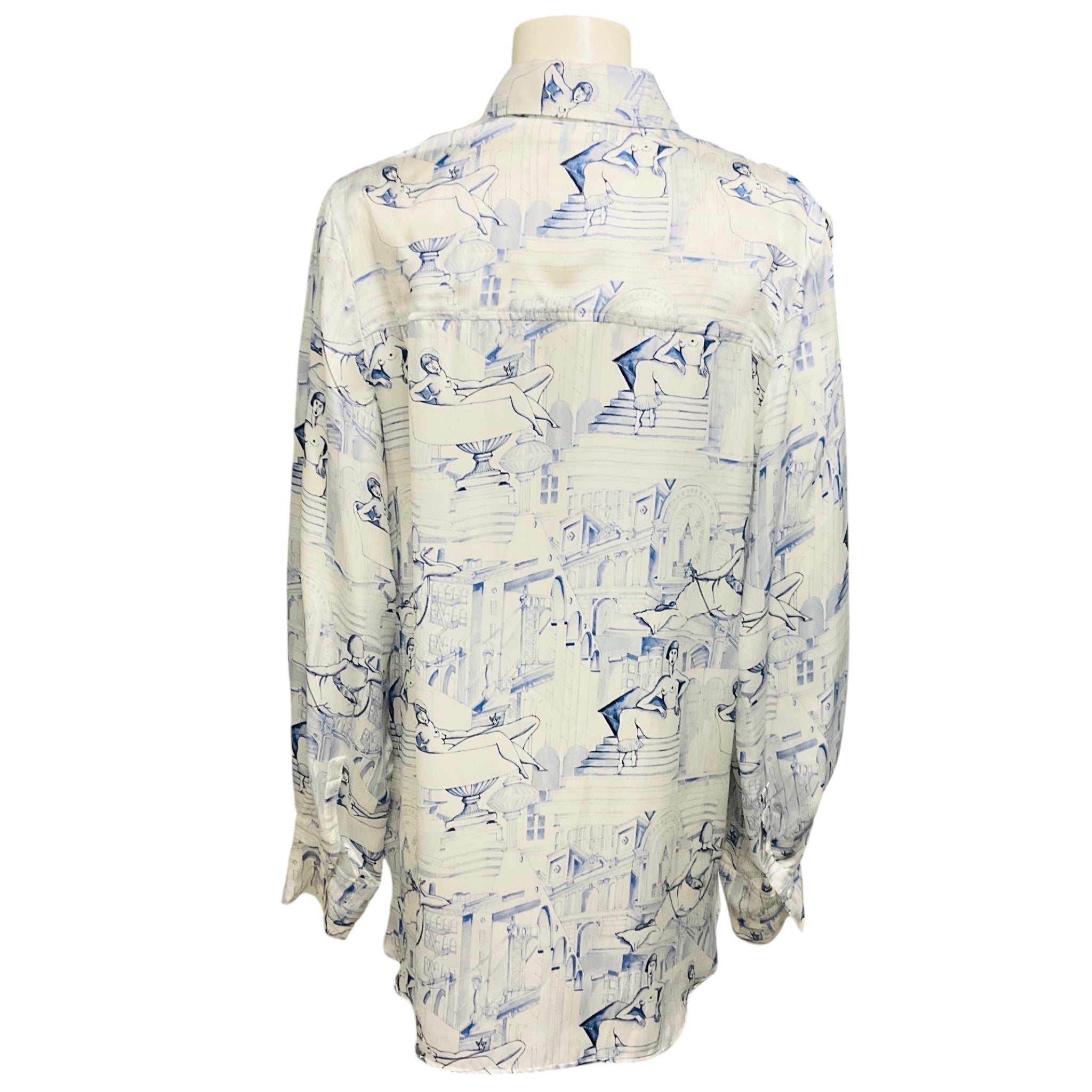 Khaite Cream / Blue Minta Graphic Print Button Front Satin Blouse