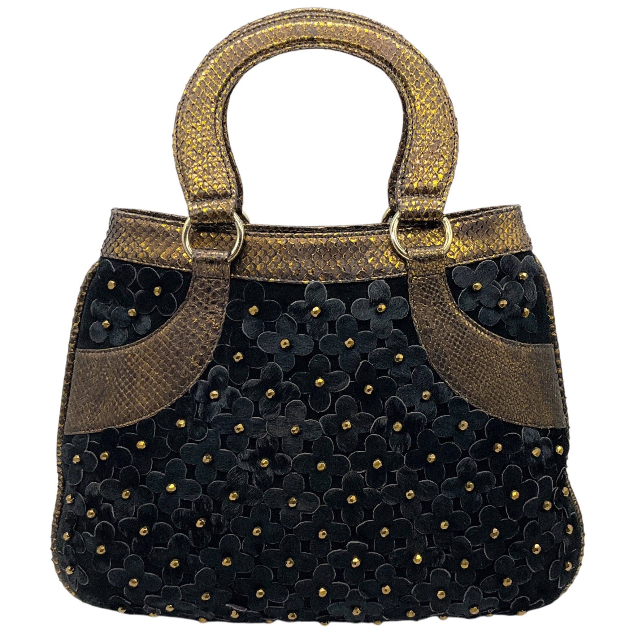 Oscar de la Renta Black Haircalf Flower Satchel with Bronze Python Handles