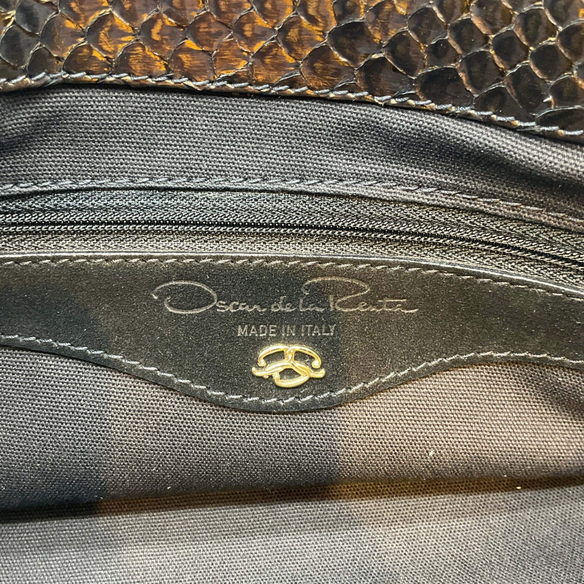 Oscar de la Renta Black Haircalf Flower Satchel with Bronze Python Handles