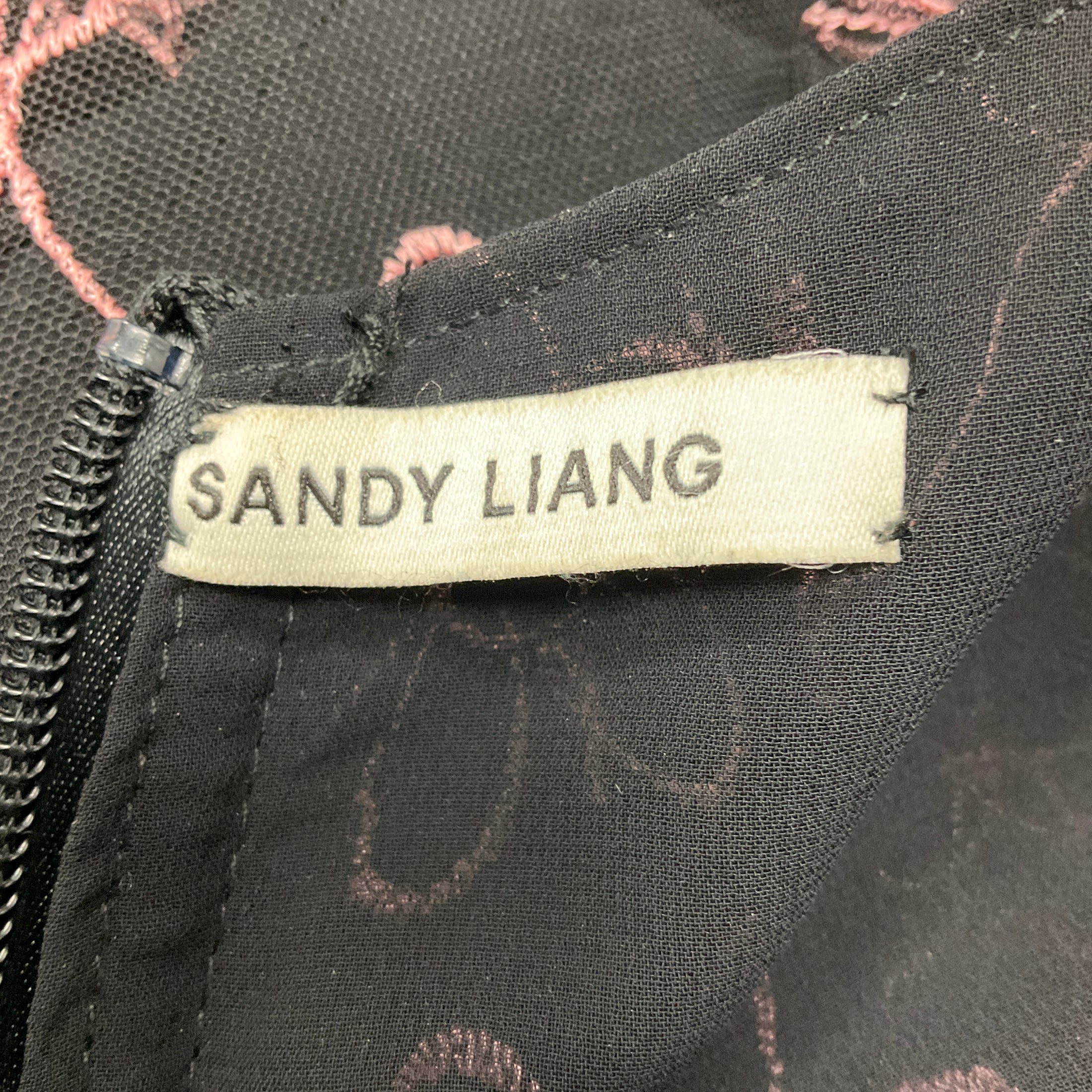 Sandy Liang Black / Pink Floral Embroidered Mesh Tulle Cocktail Dress