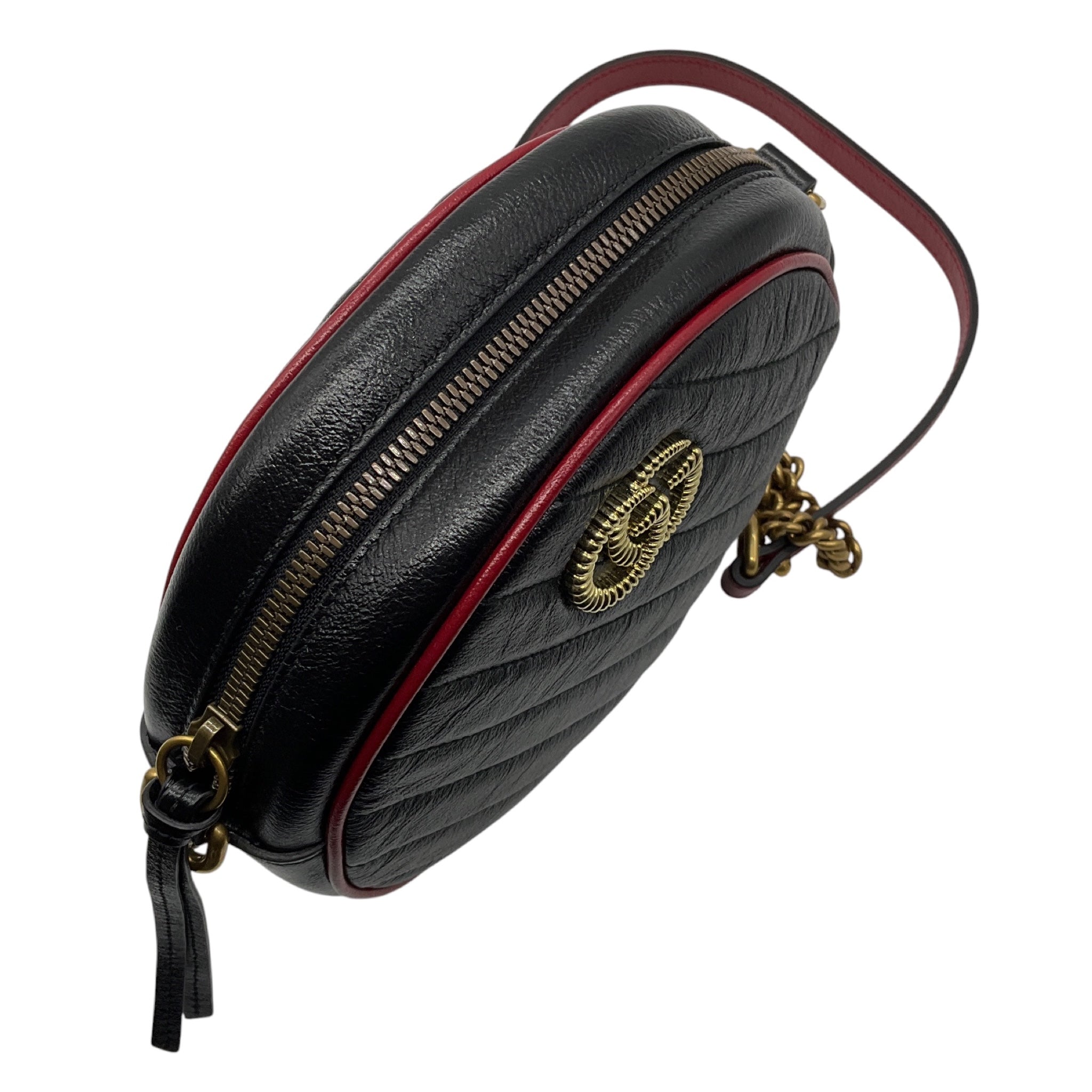 Gucci Black / Red GG Marmont Mini Round Shoulder Bag
