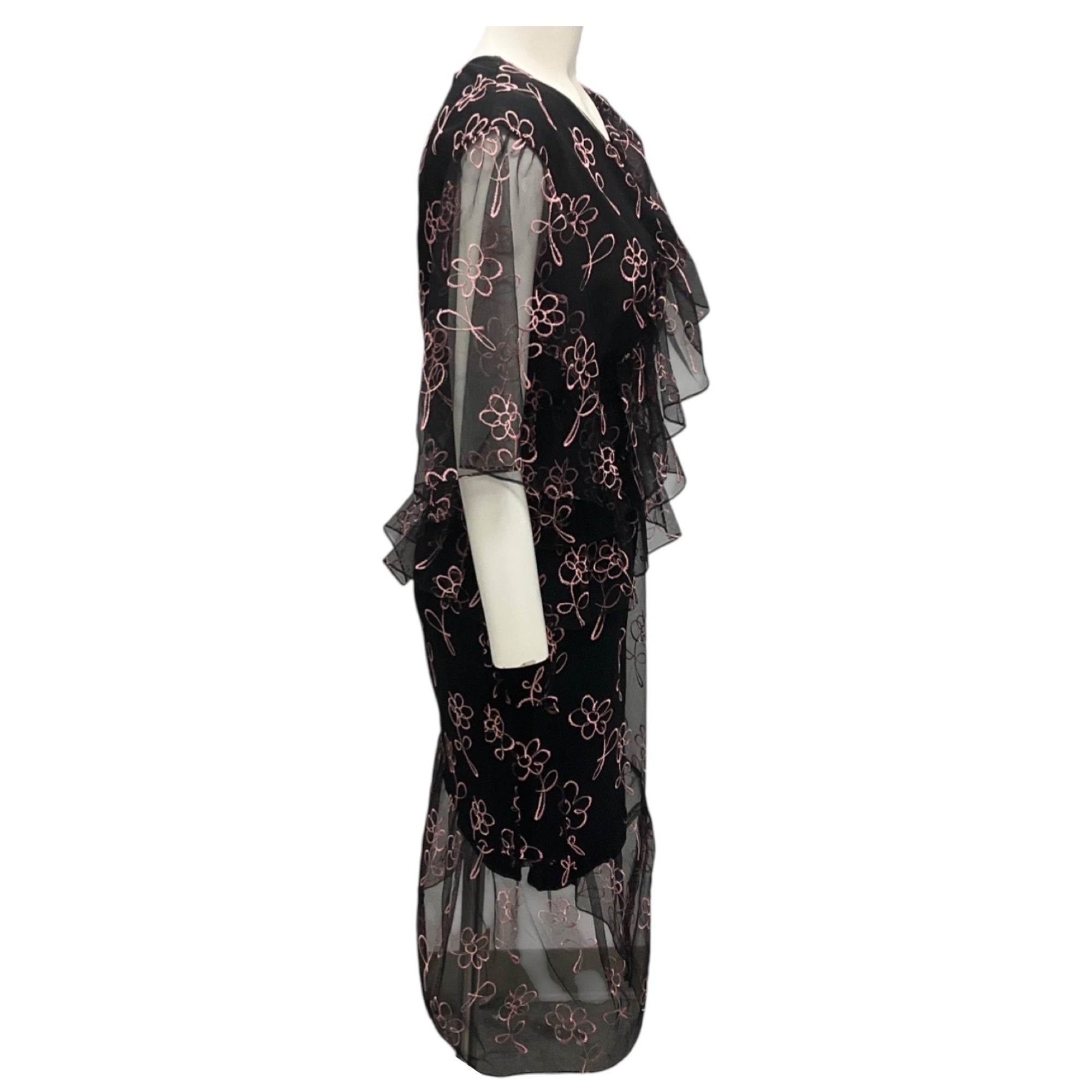 Sandy Liang Black / Pink Floral Embroidered Mesh Tulle Cocktail Dress