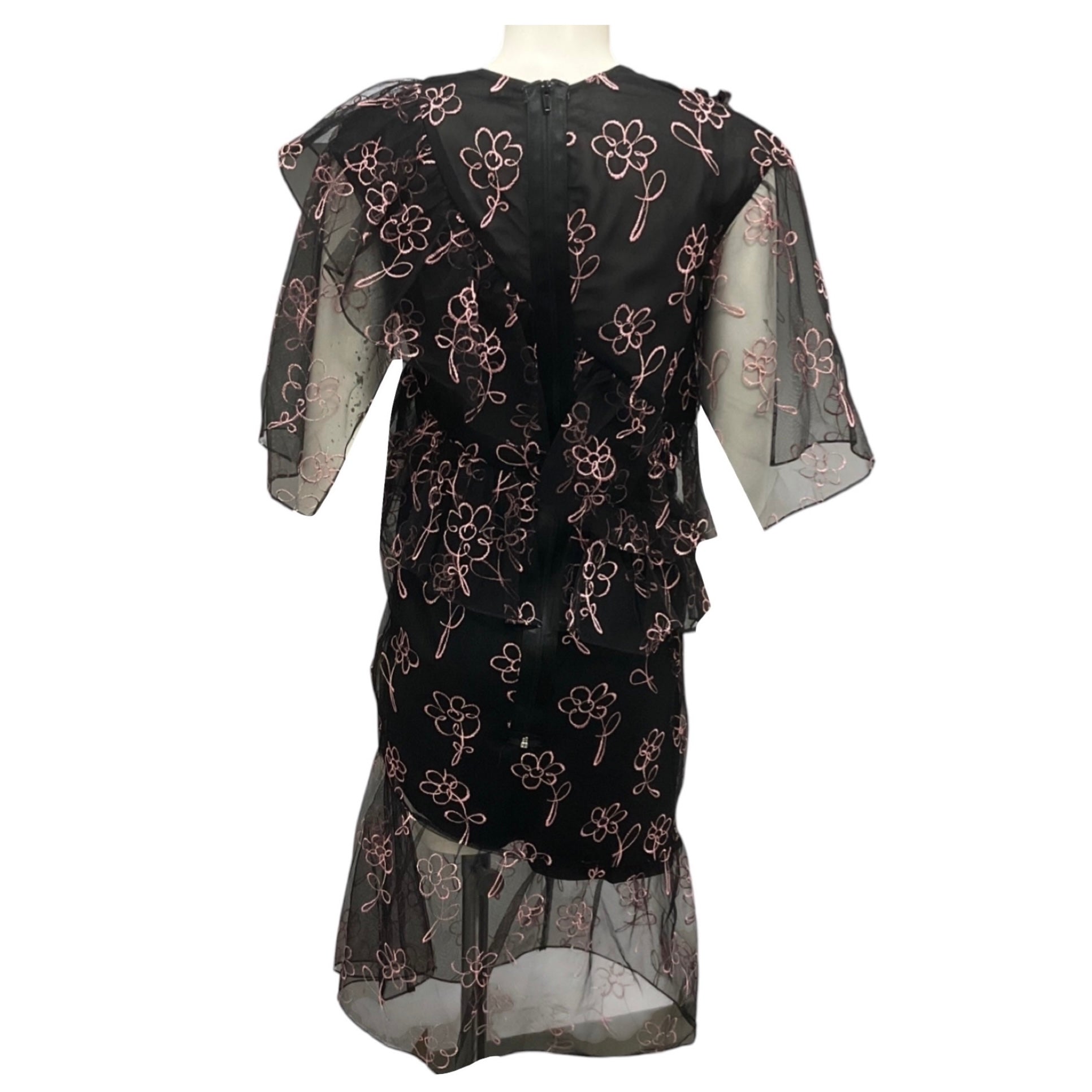 Sandy Liang Black / Pink Floral Embroidered Mesh Tulle Cocktail Dress