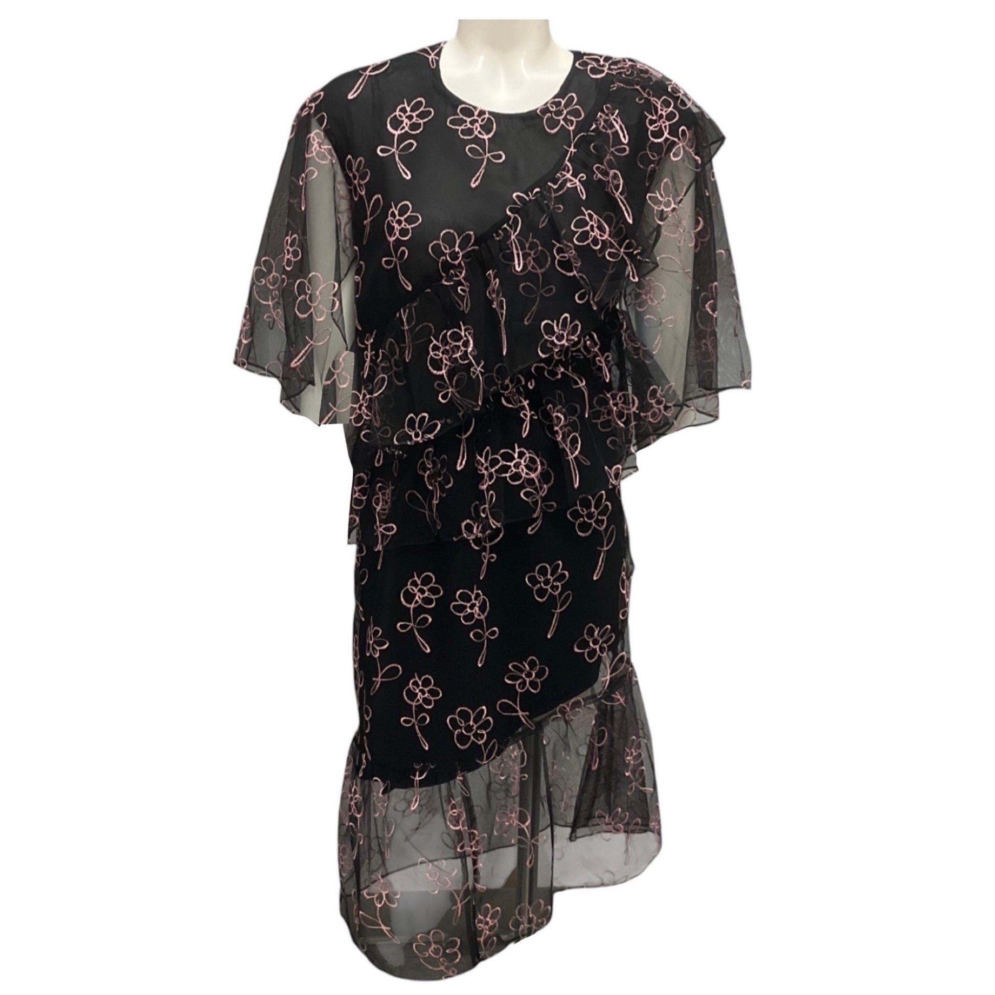 Sandy Liang Black / Pink Floral Embroidered Mesh Tulle Cocktail Dress