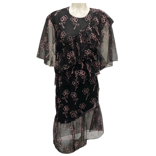 Sandy Liang Black / Pink Floral Embroidered Mesh Tulle Cocktail Dress
