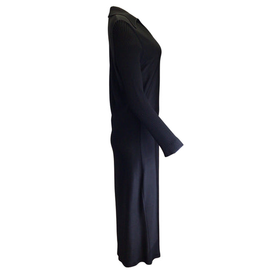St. John Black Long Sleeved Collared V-Neck Knit Midi Dress