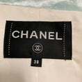 Load image into Gallery viewer, Chanel RARE Baby Blue Rhinestone CC Logo Lambskin Leather Trimmed Satin Bomber Jacket with CC Logo Buttons

