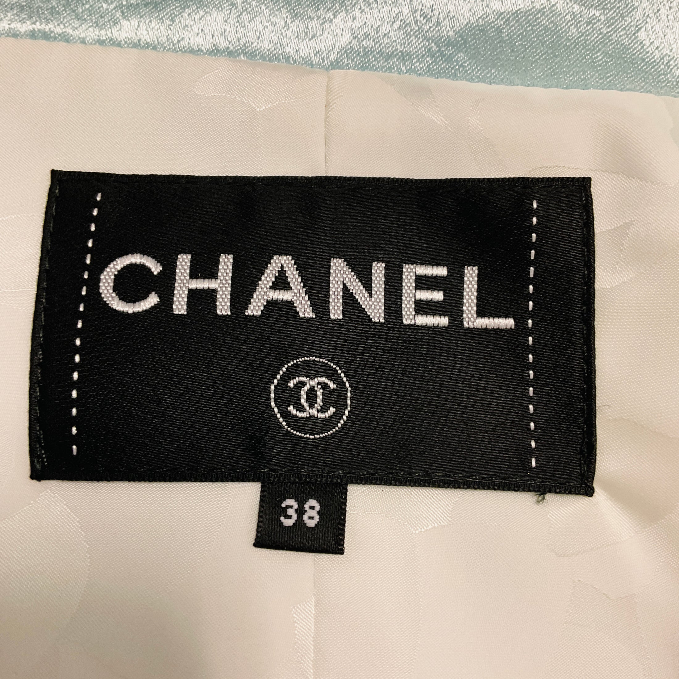 Chanel RARE Baby Blue Rhinestone CC Logo Lambskin Leather Trimmed Satin Bomber Jacket with CC Logo Buttons