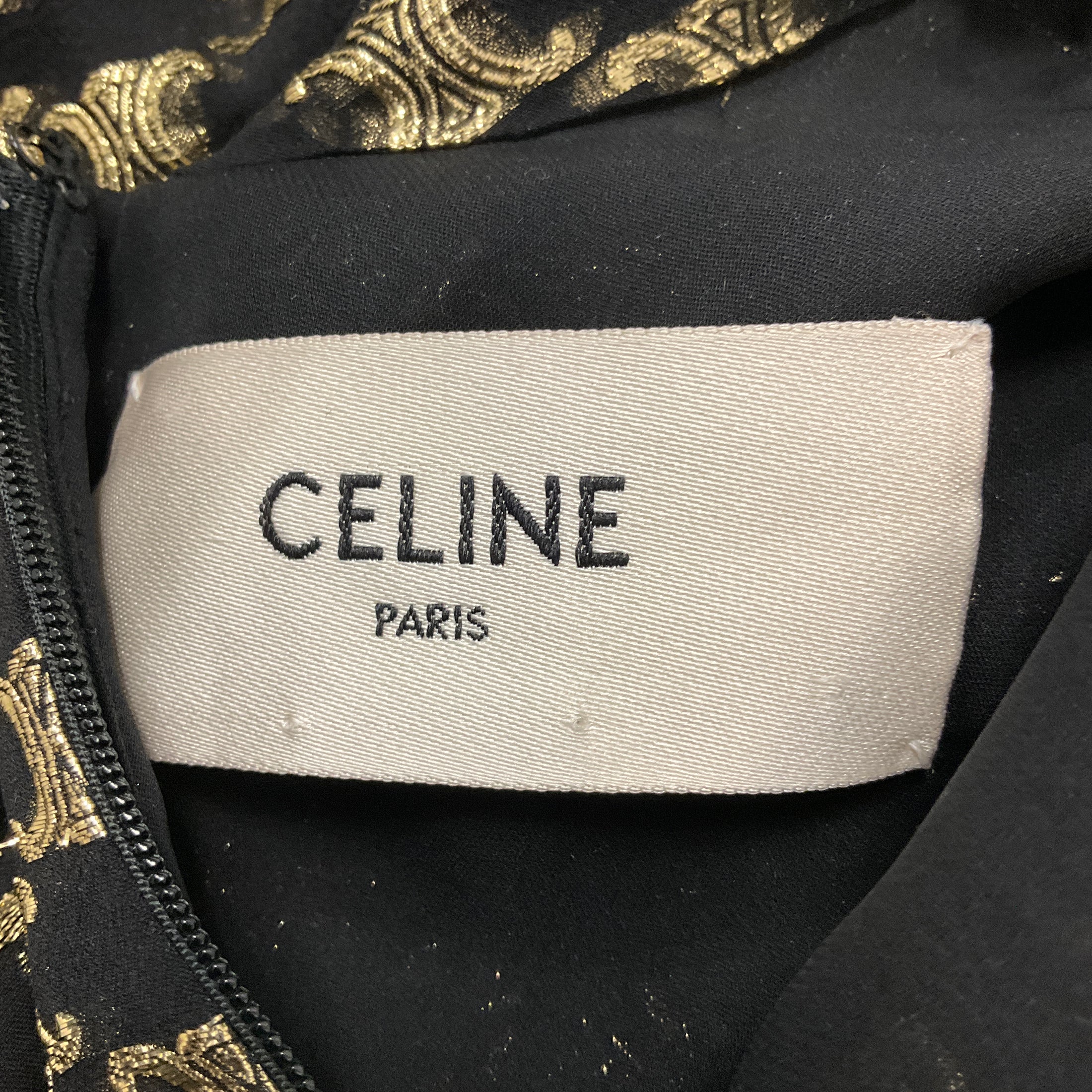 Celine Black / Gold Metallic Fall Winter Triompe Logo Tie Neck Silk Dress