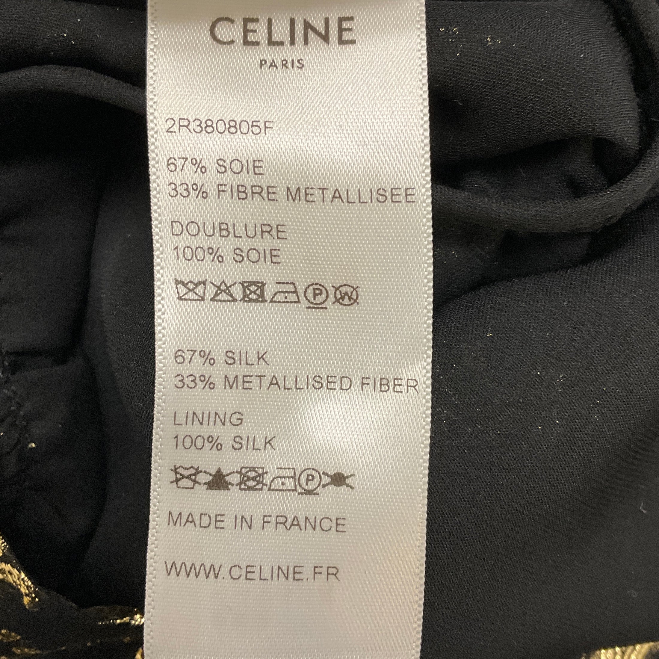 Celine Black / Gold Metallic Fall Winter Triompe Logo Tie Neck Silk Dress