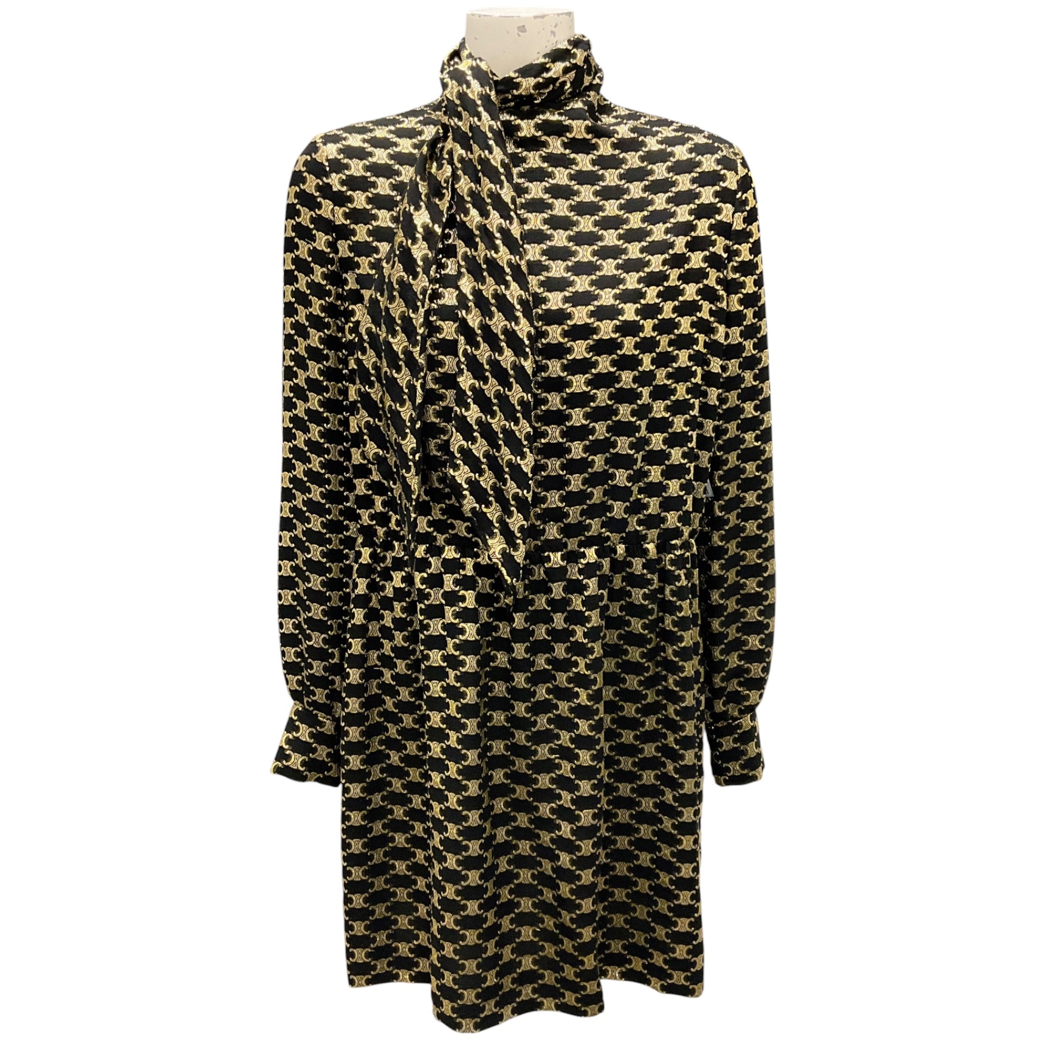 Celine Black / Gold Metallic Fall Winter Triompe Logo Tie Neck Silk Dress