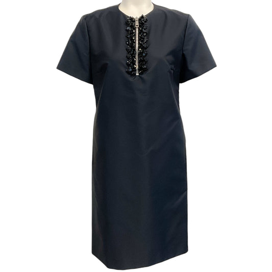 Prada Navy Blue Shift Dress with Embellished Zip Neckline
