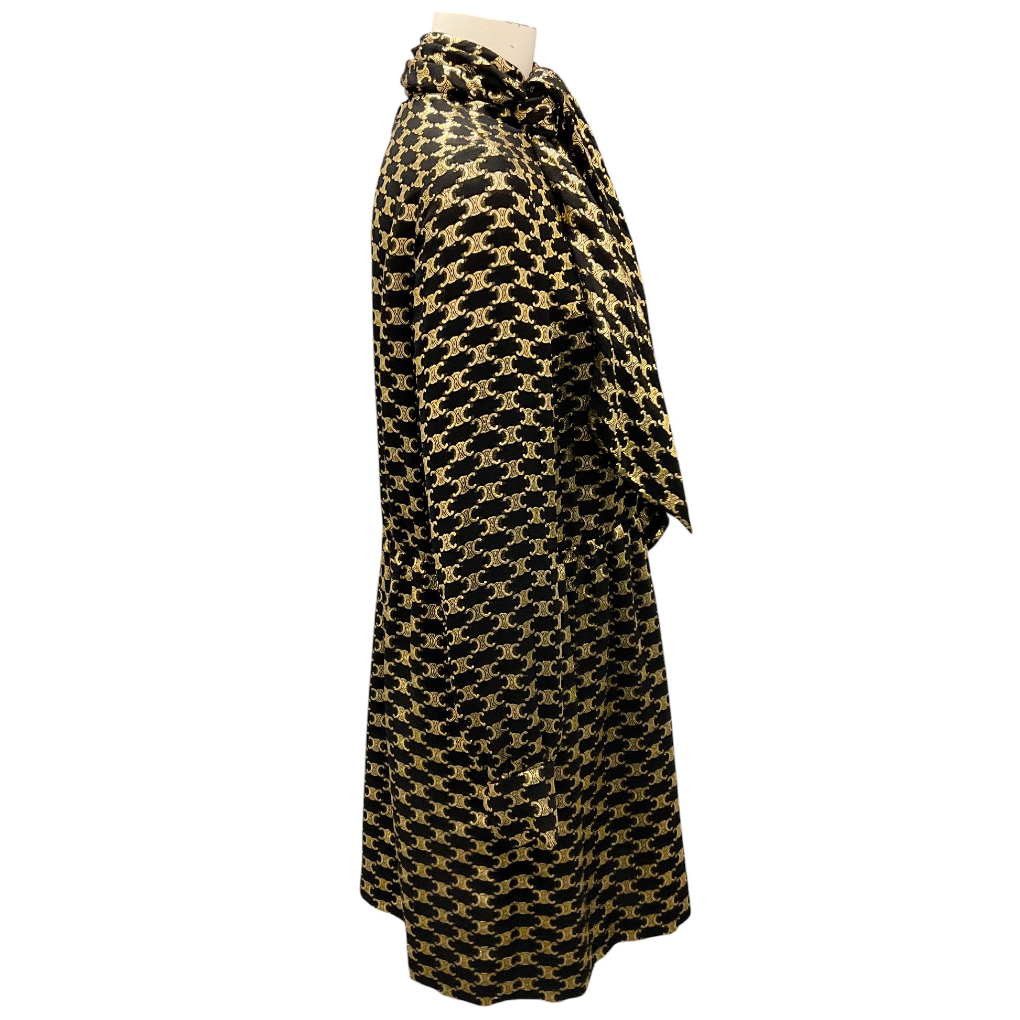 Celine Black / Gold Metallic Fall Winter Triompe Logo Tie Neck Silk Dress