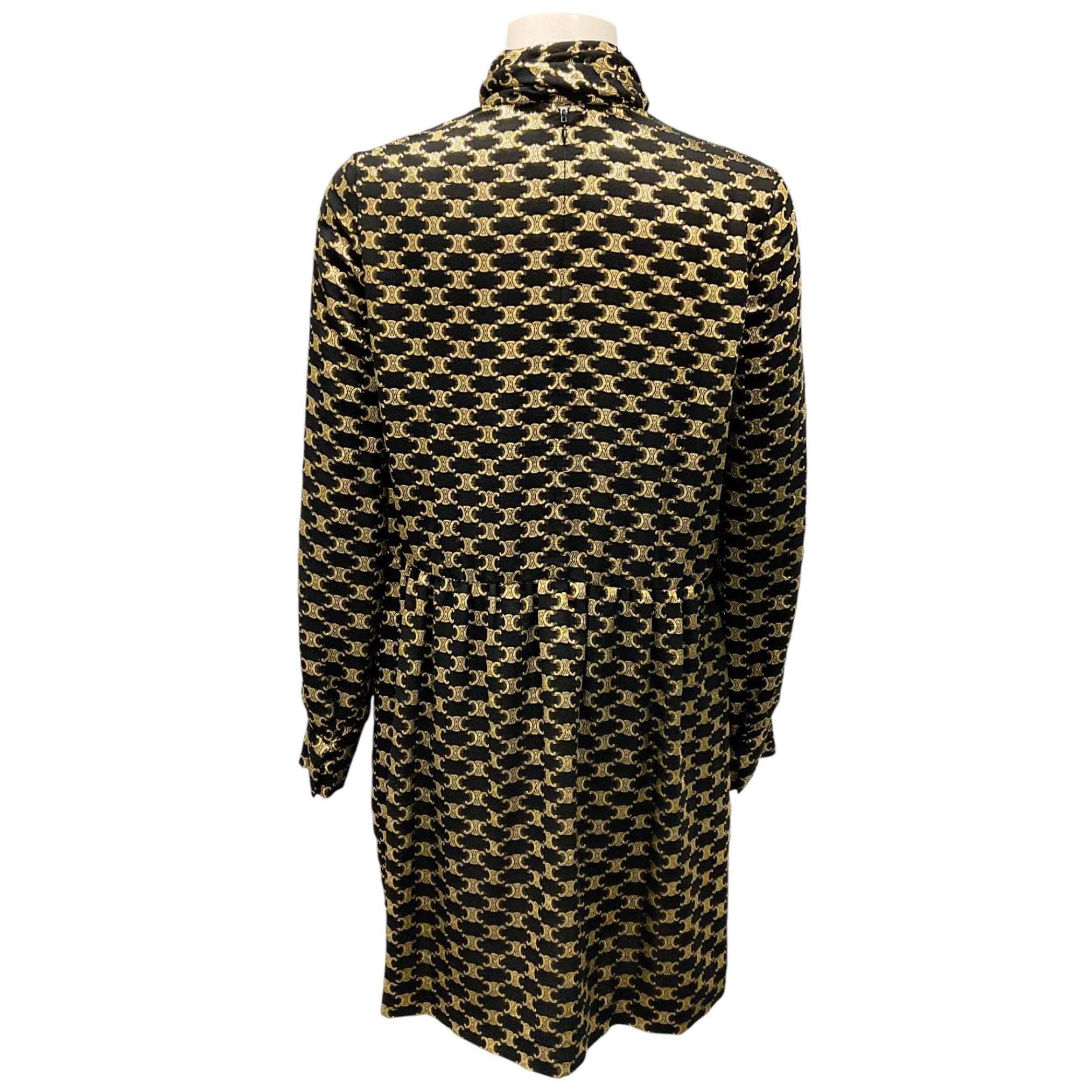 Celine Black / Gold Metallic Fall Winter Triompe Logo Tie Neck Silk Dress