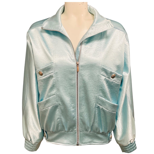 Chanel RARE Baby Blue Rhinestone CC Logo Lambskin Leather Trimmed Satin Bomber Jacket with CC Logo Buttons