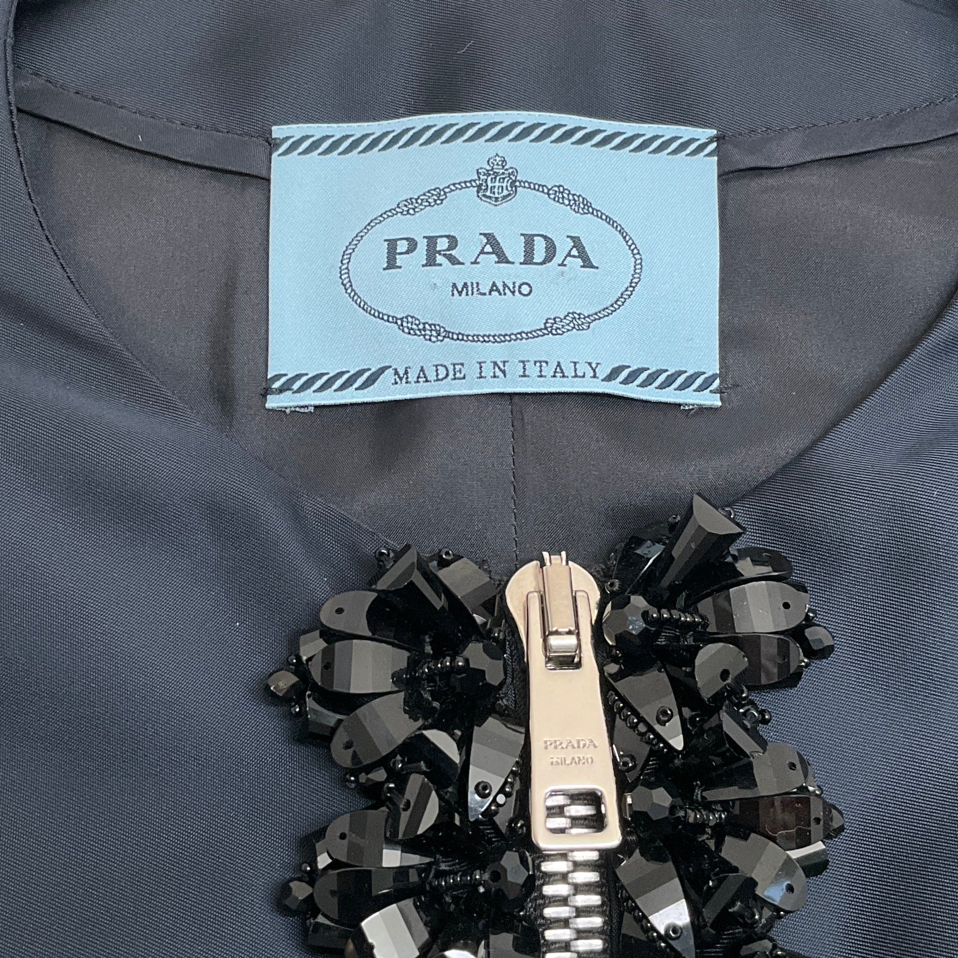 Prada Navy Blue Shift Dress with Embellished Zip Neckline