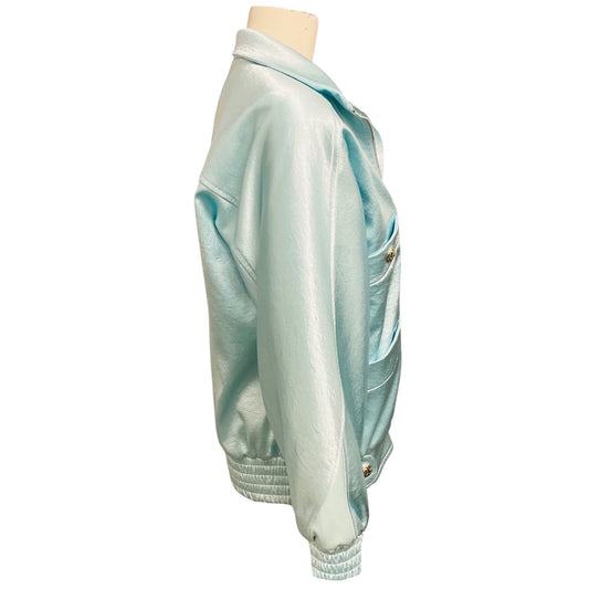 Chanel RARE Baby Blue Rhinestone CC Logo Lambskin Leather Trimmed Satin Bomber Jacket with CC Logo Buttons