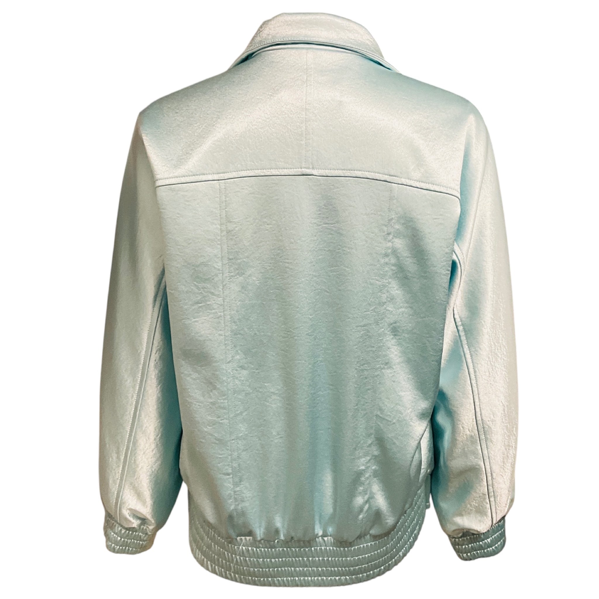 Chanel RARE Baby Blue Rhinestone CC Logo Lambskin Leather Trimmed Satin Bomber Jacket with CC Logo Buttons