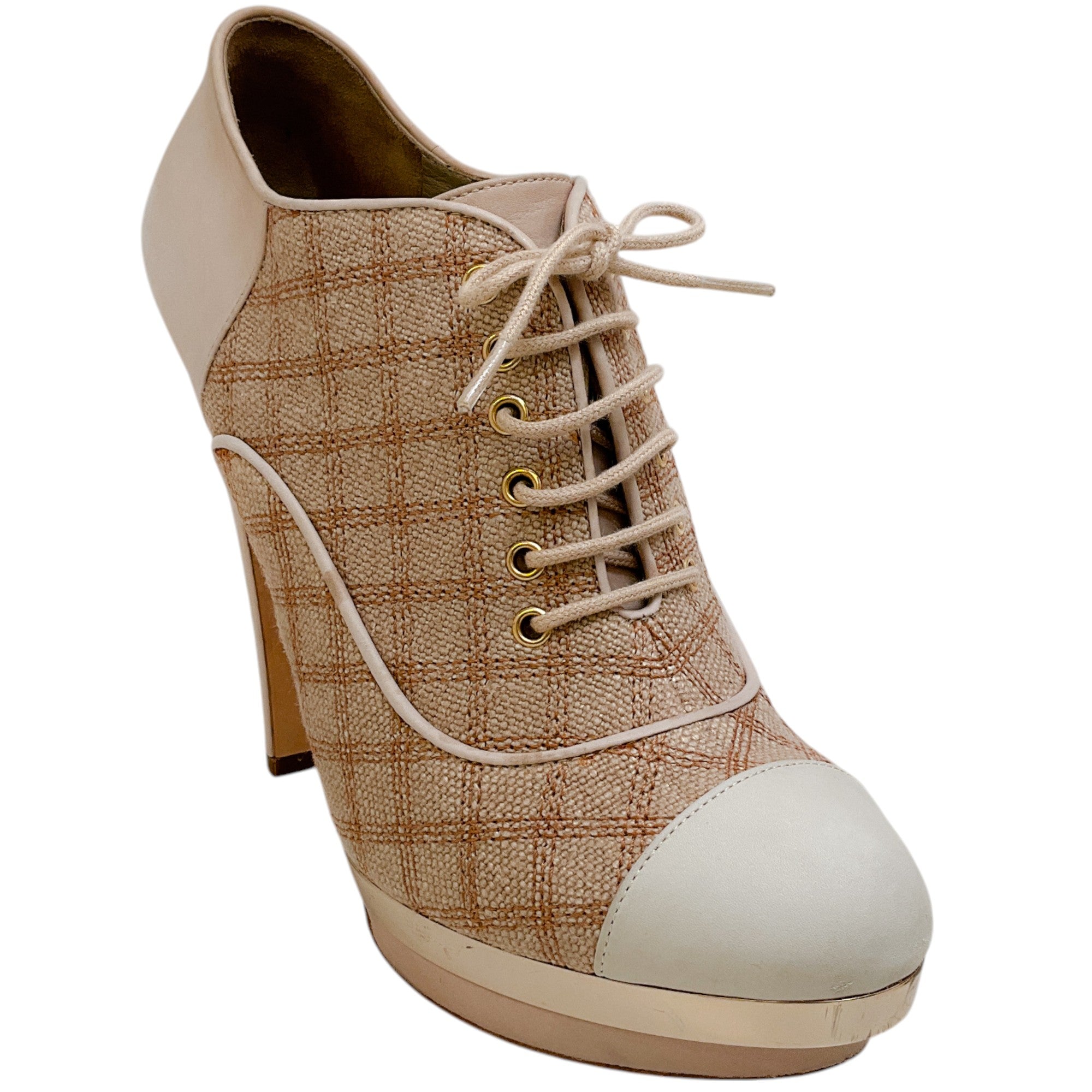 Chanel Beige Plaid Lace Up Oxford Pumps
