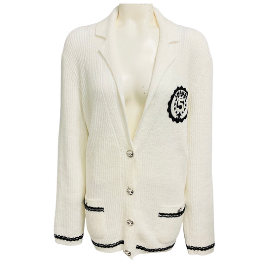 Chanel White / Black Coco Mark No. 5 Emblem Crest Button Front Knit Cardigan Sweater with CC Logo Buttons