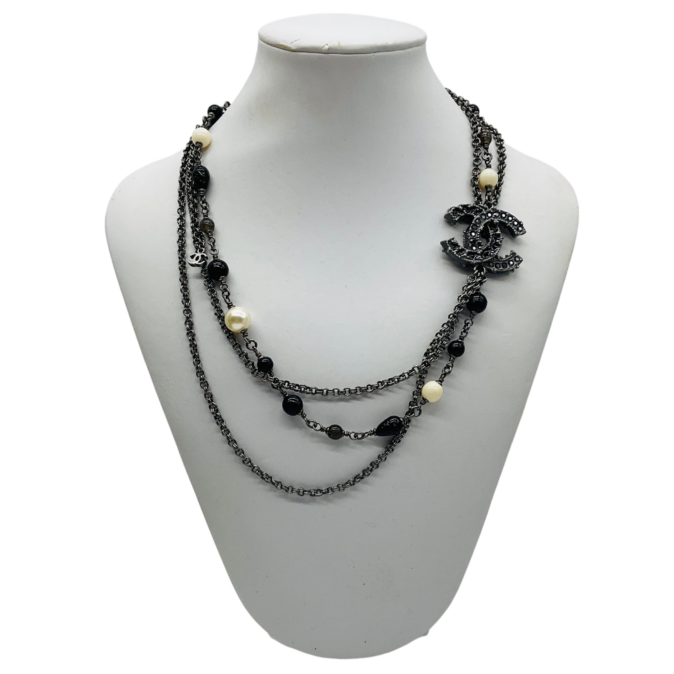 Chanel 2012 Strass CC Logo Pendant Black Beads and Pearls Multi Strand Chain Necklace
