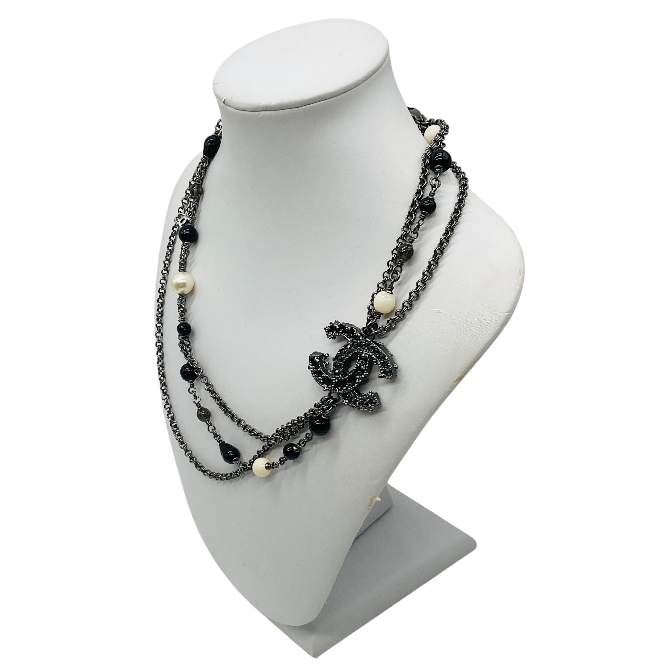 Chanel 2012 Strass CC Logo Pendant Black Beads and Pearls Multi Strand Chain Necklace