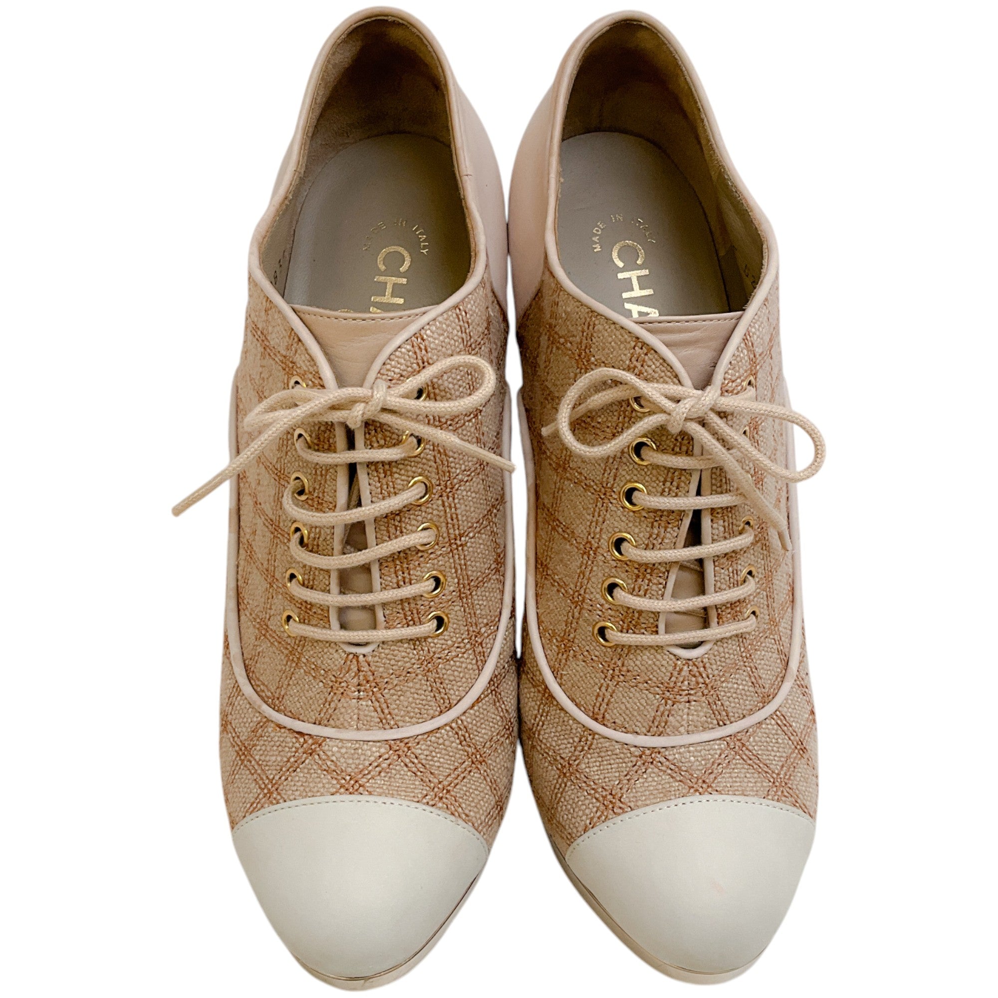 Chanel Beige Plaid Lace Up Oxford Pumps