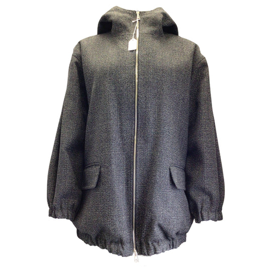 Plan C Black / White / Grey Hooded Full Zip Woven Wool Tweed Padded Coat