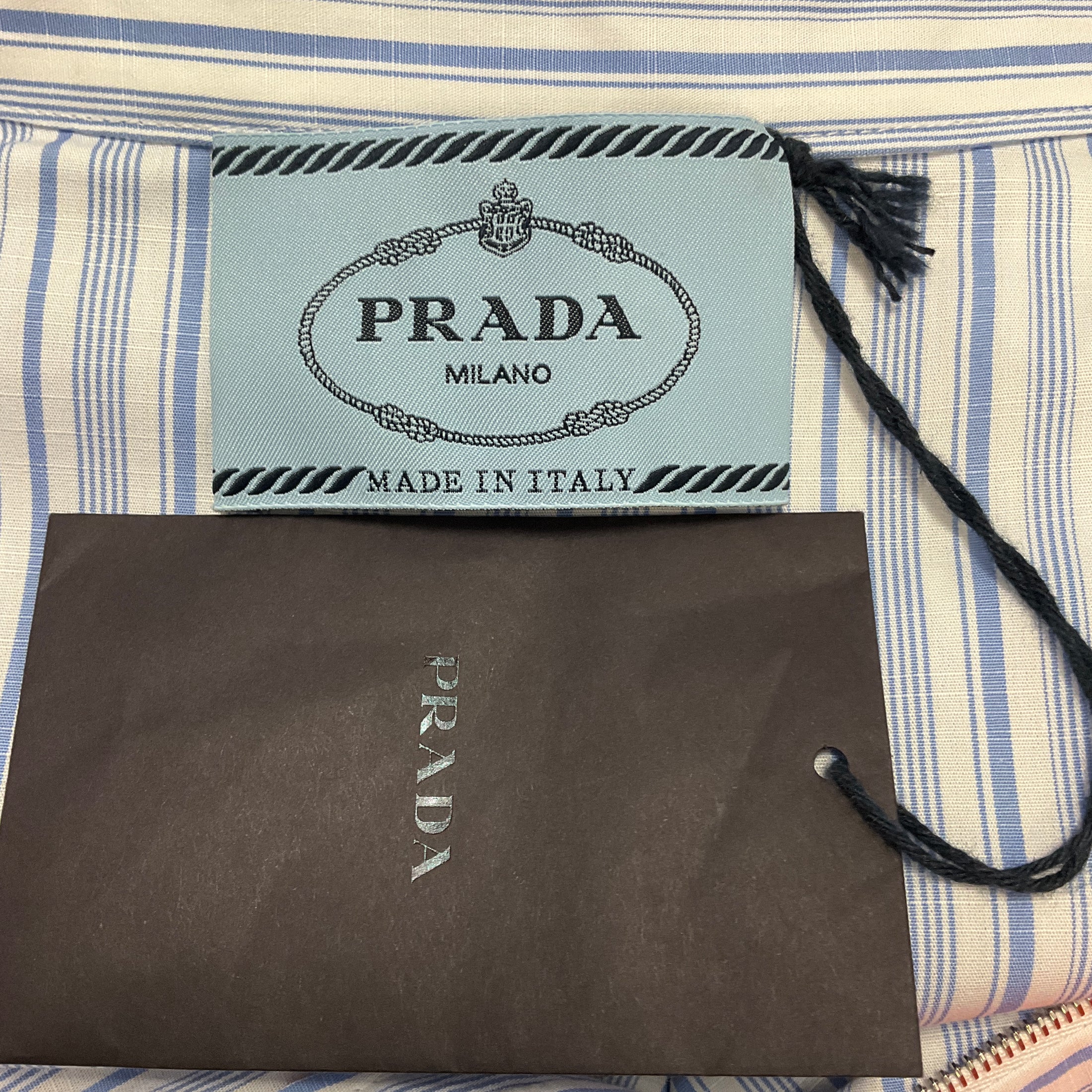 Prada Light Blue / White / Orange Ruffle Detail Striped Midi Shirt Dress with Belt