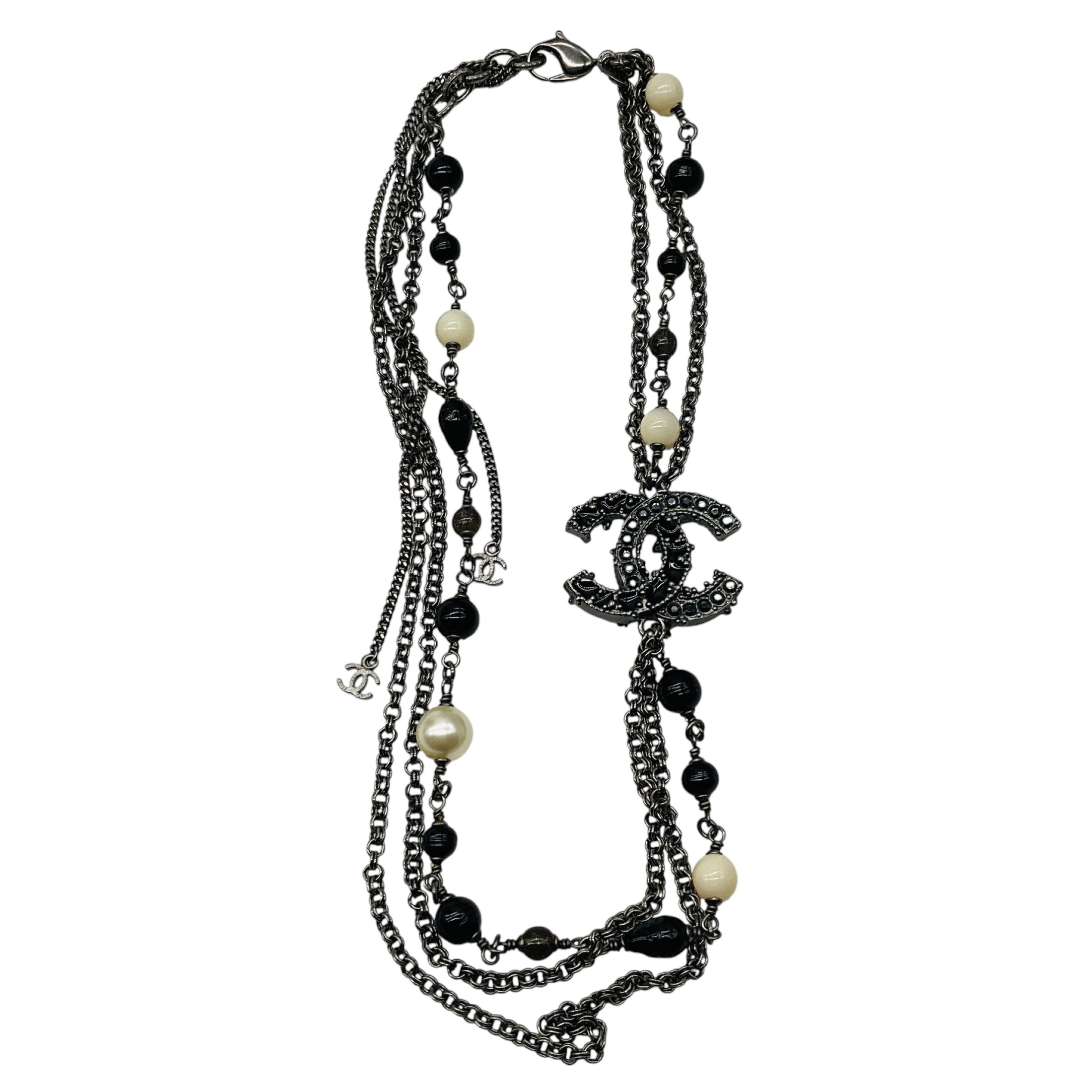 Chanel 2012 Strass CC Logo Pendant Black Beads and Pearls Multi Strand Chain Necklace