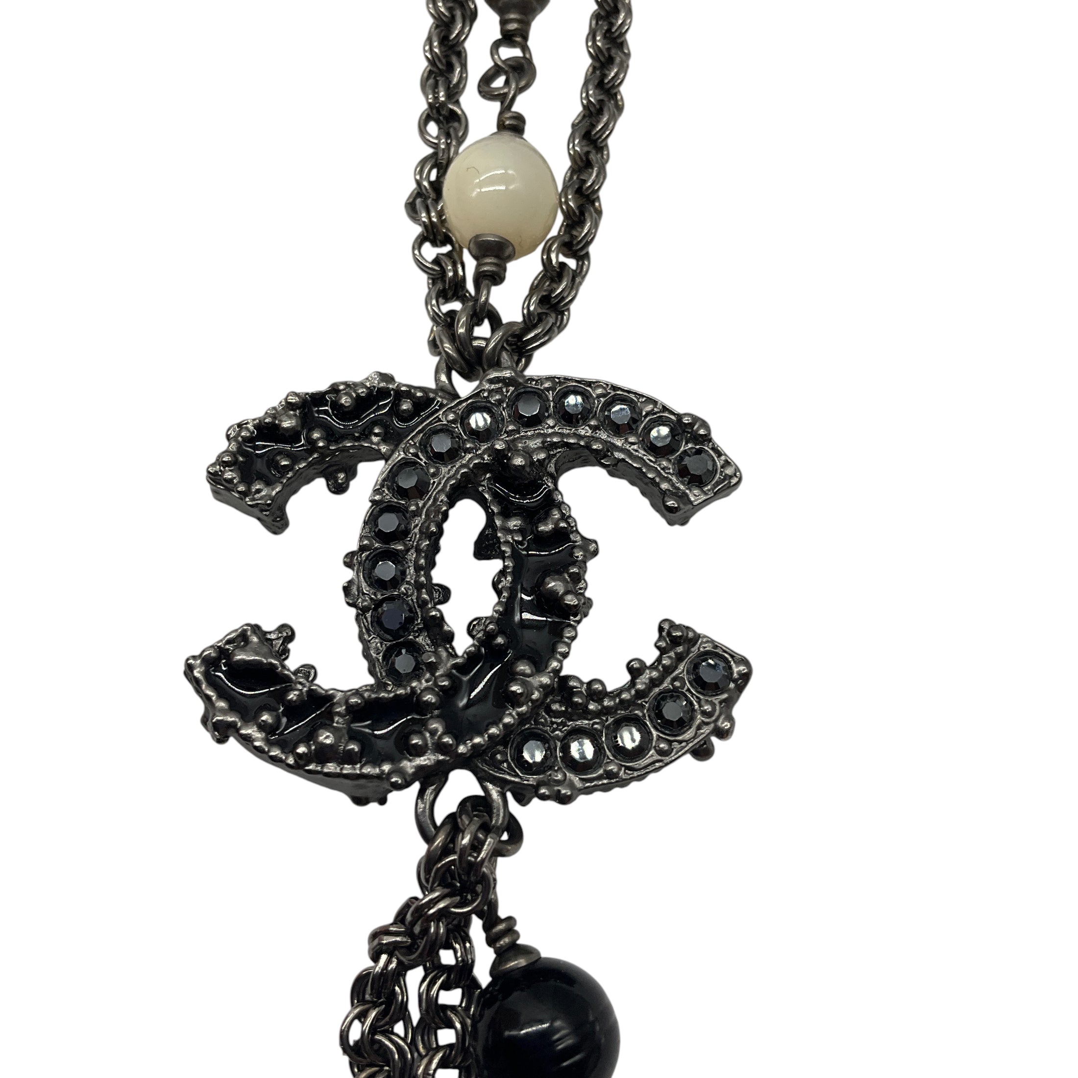 Chanel 2012 Strass CC Logo Pendant Black Beads and Pearls Multi Strand Chain Necklace