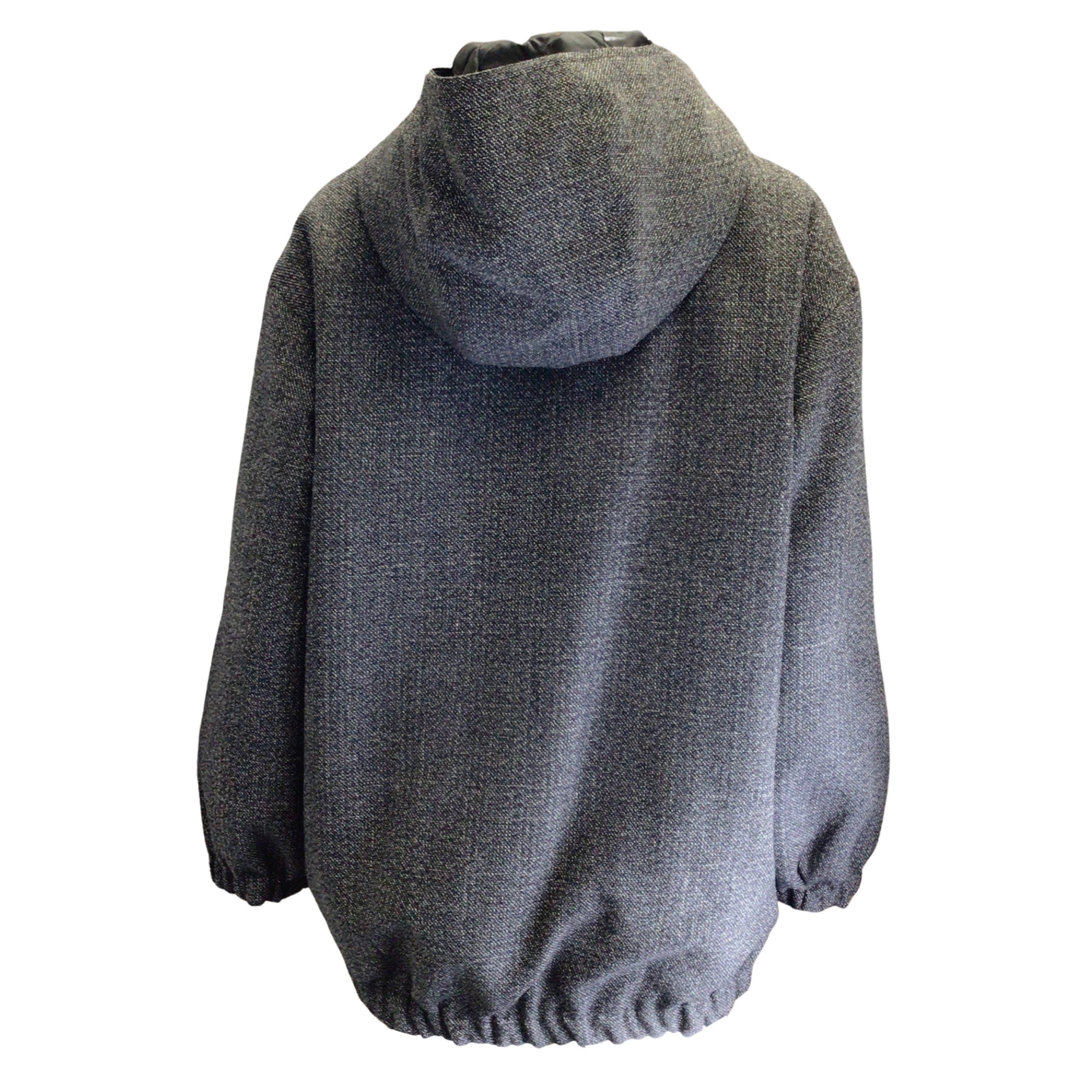 Plan C Black / White / Grey Hooded Full Zip Woven Wool Tweed Padded Coat